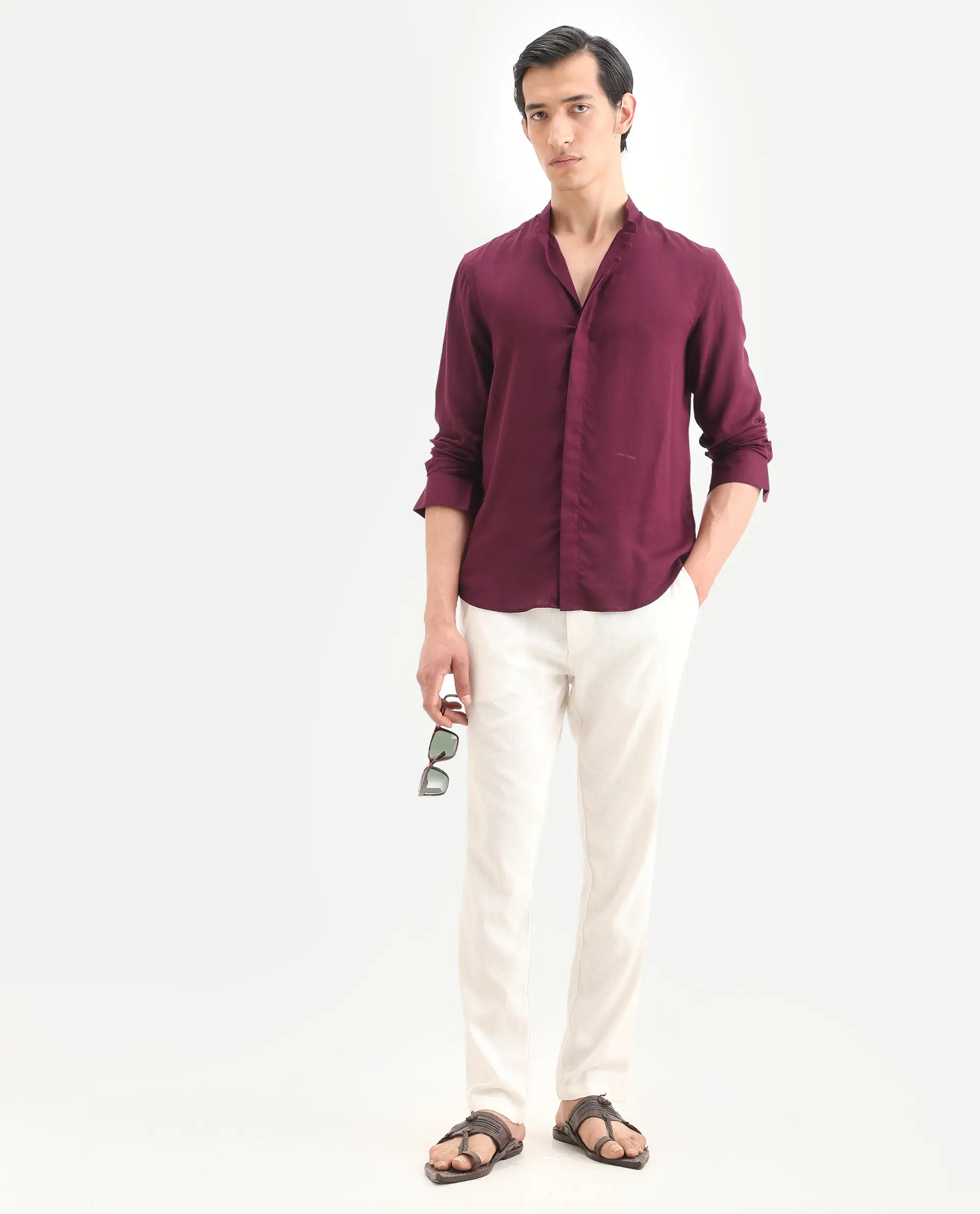 Rare Rabbit Men's Throne-26 Dark Maroon Linen Blend Fabric Full Sleeve Mandarin Collar Regular Fit Plain Shirt - Image 2