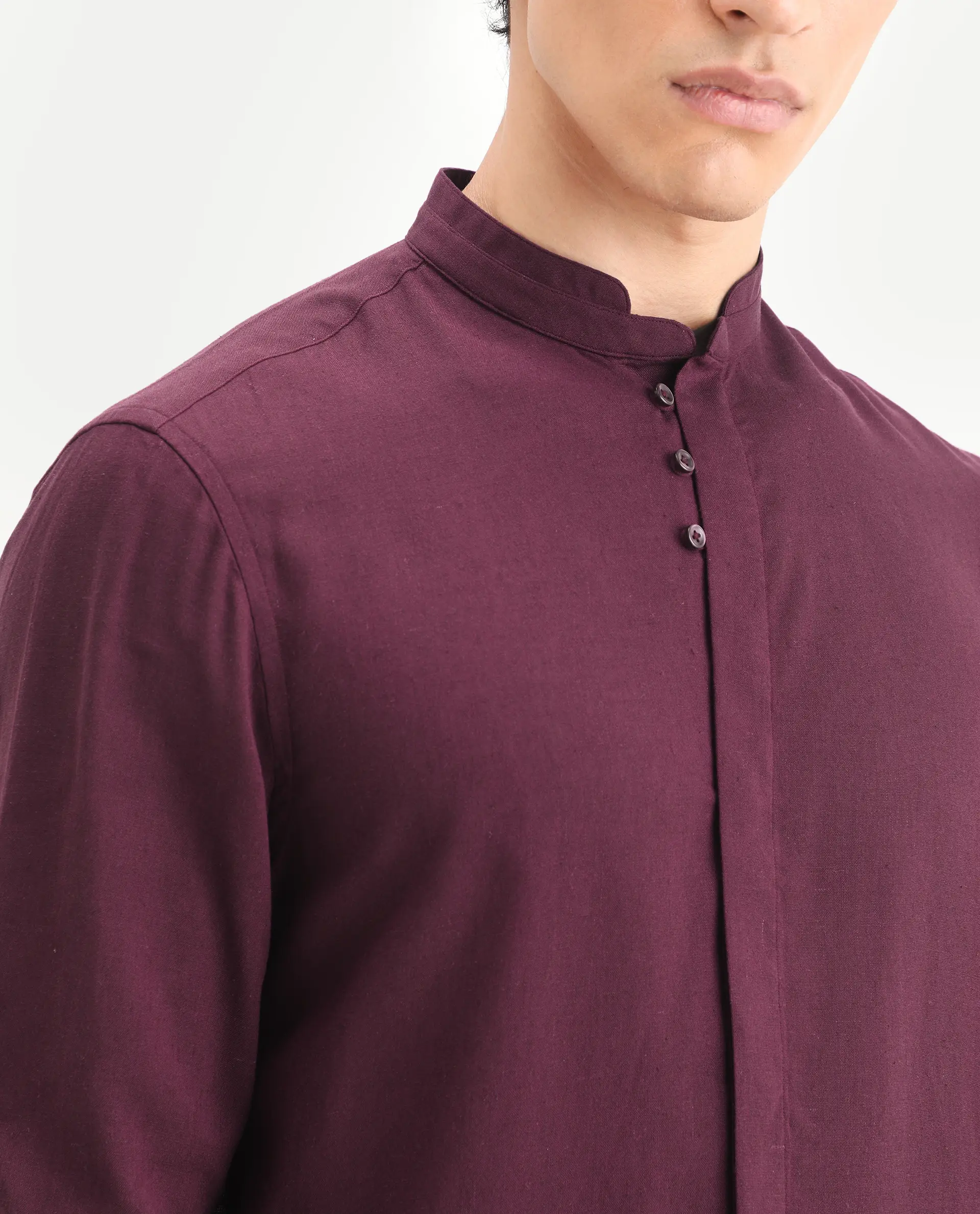 Rare Rabbit Men's Throne-26 Dark Maroon Linen Blend Fabric Full Sleeve Mandarin Collar Regular Fit Plain Shirt - Image 3