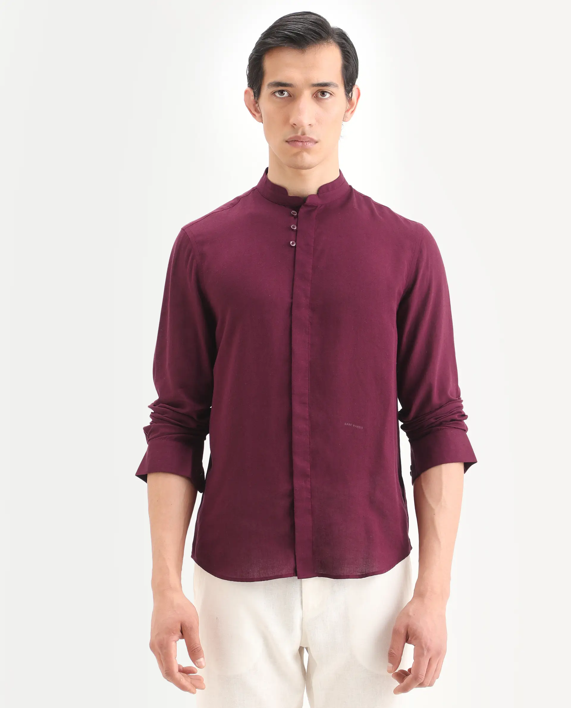 Rare Rabbit Men's Throne-26 Dark Maroon Linen Blend Fabric Full Sleeve Mandarin Collar Regular Fit Plain Shirt - Image 4