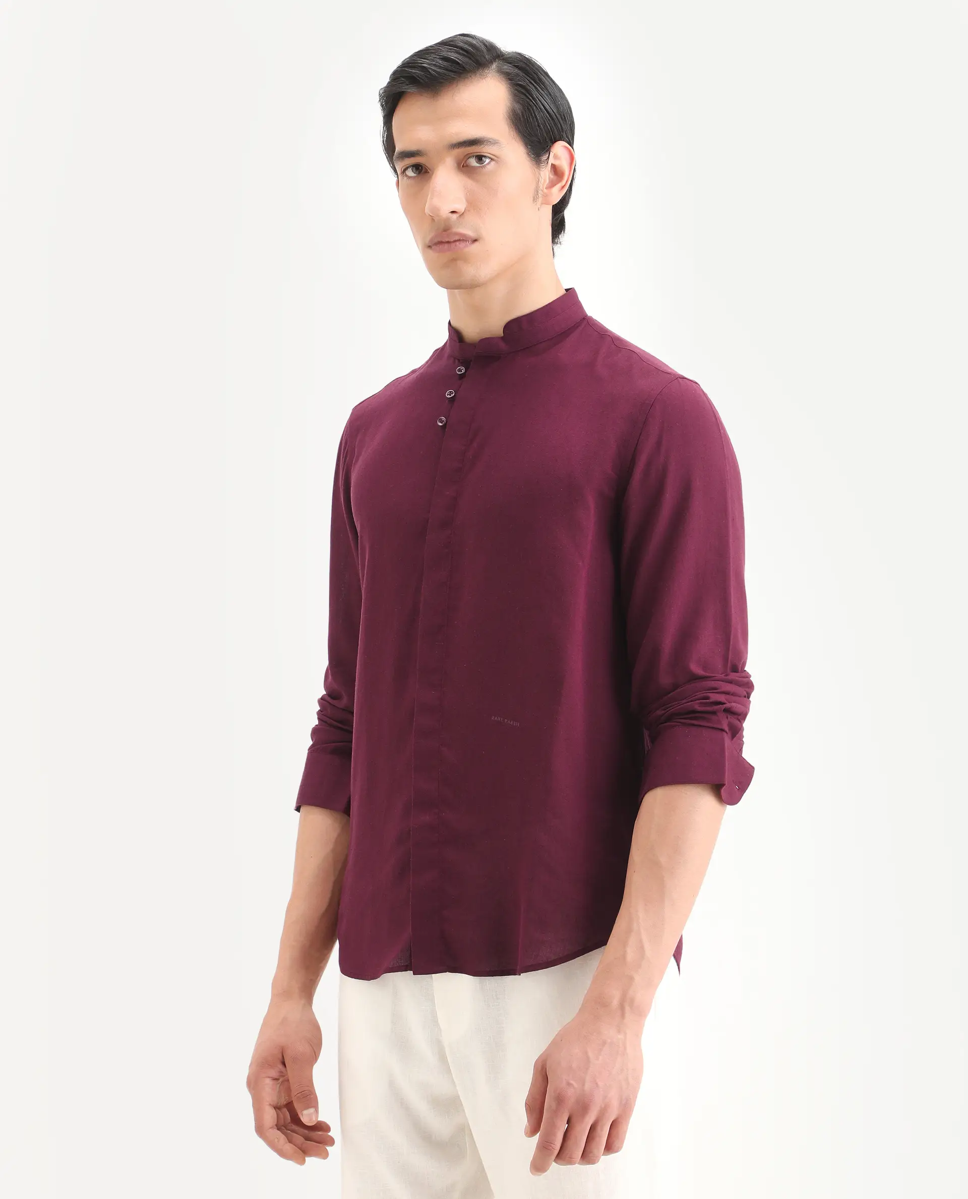 Rare Rabbit Men's Throne-26 Dark Maroon Linen Blend Fabric Full Sleeve Mandarin Collar Regular Fit Plain Shirt - Image 5
