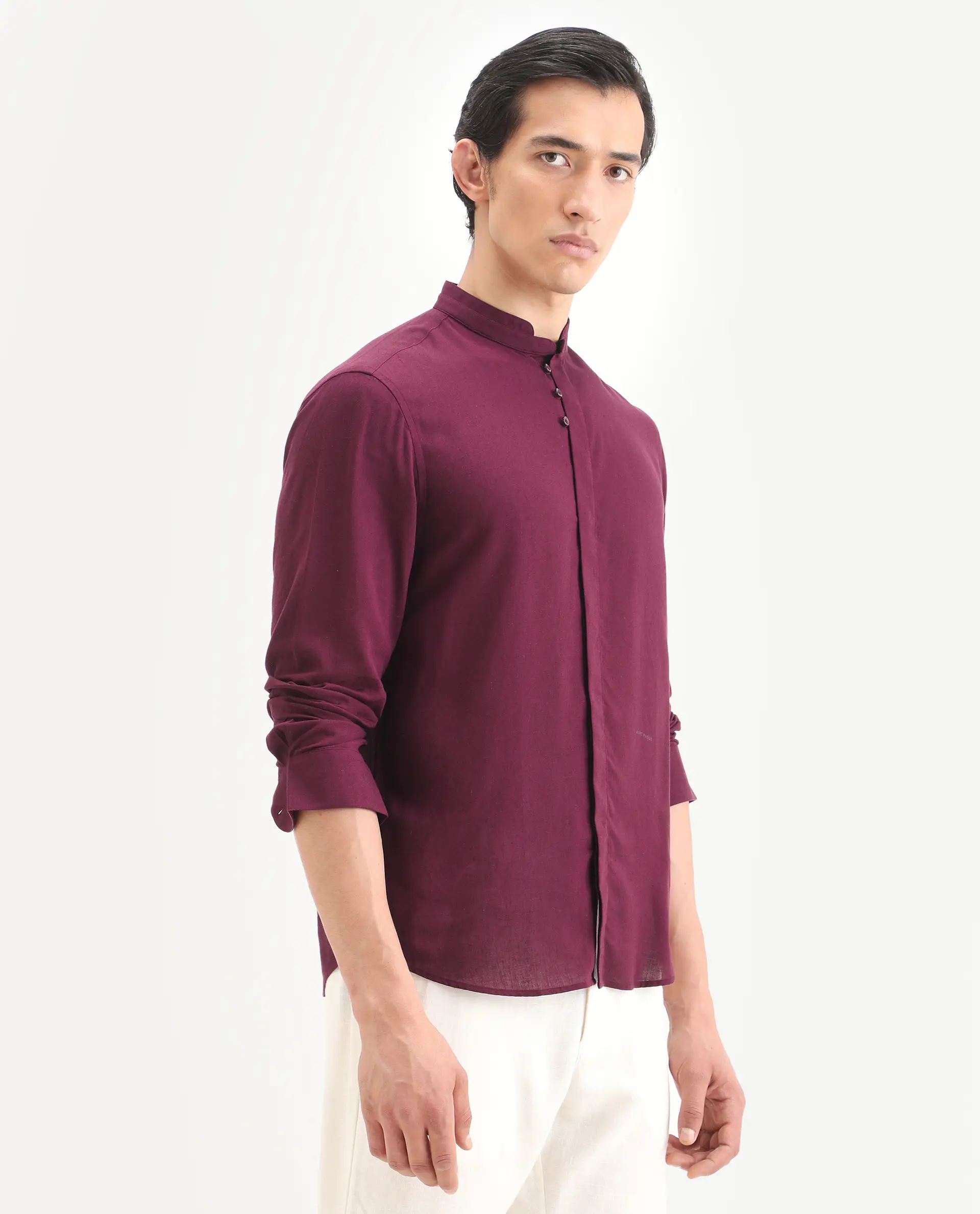 Rare Rabbit Men's Throne-26 Dark Maroon Linen Blend Fabric Full Sleeve Mandarin Collar Regular Fit Plain Shirt - Image 6