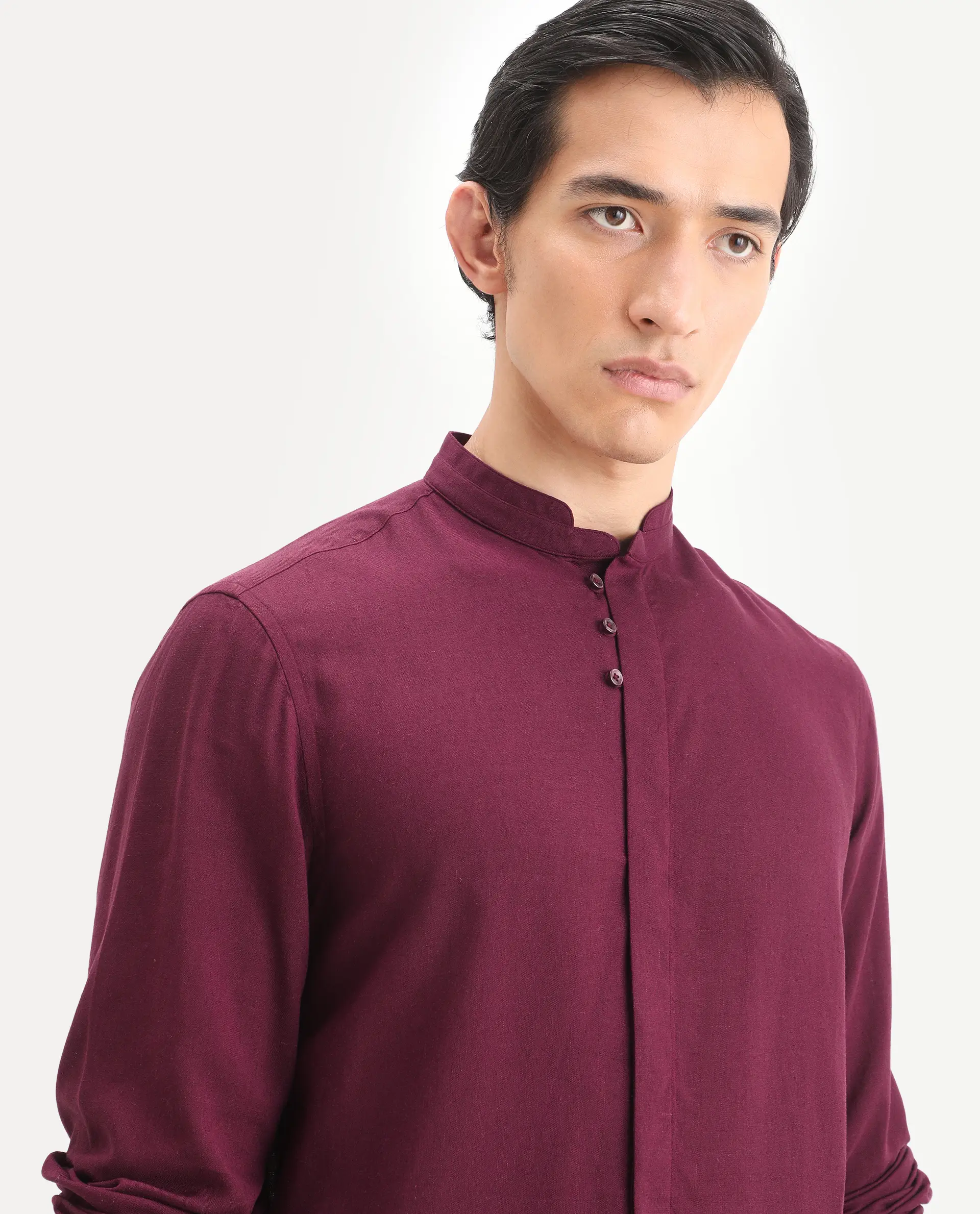 Rare Rabbit Men's Throne-26 Dark Maroon Linen Blend Fabric Full Sleeve Mandarin Collar Regular Fit Plain Shirt - Image 7