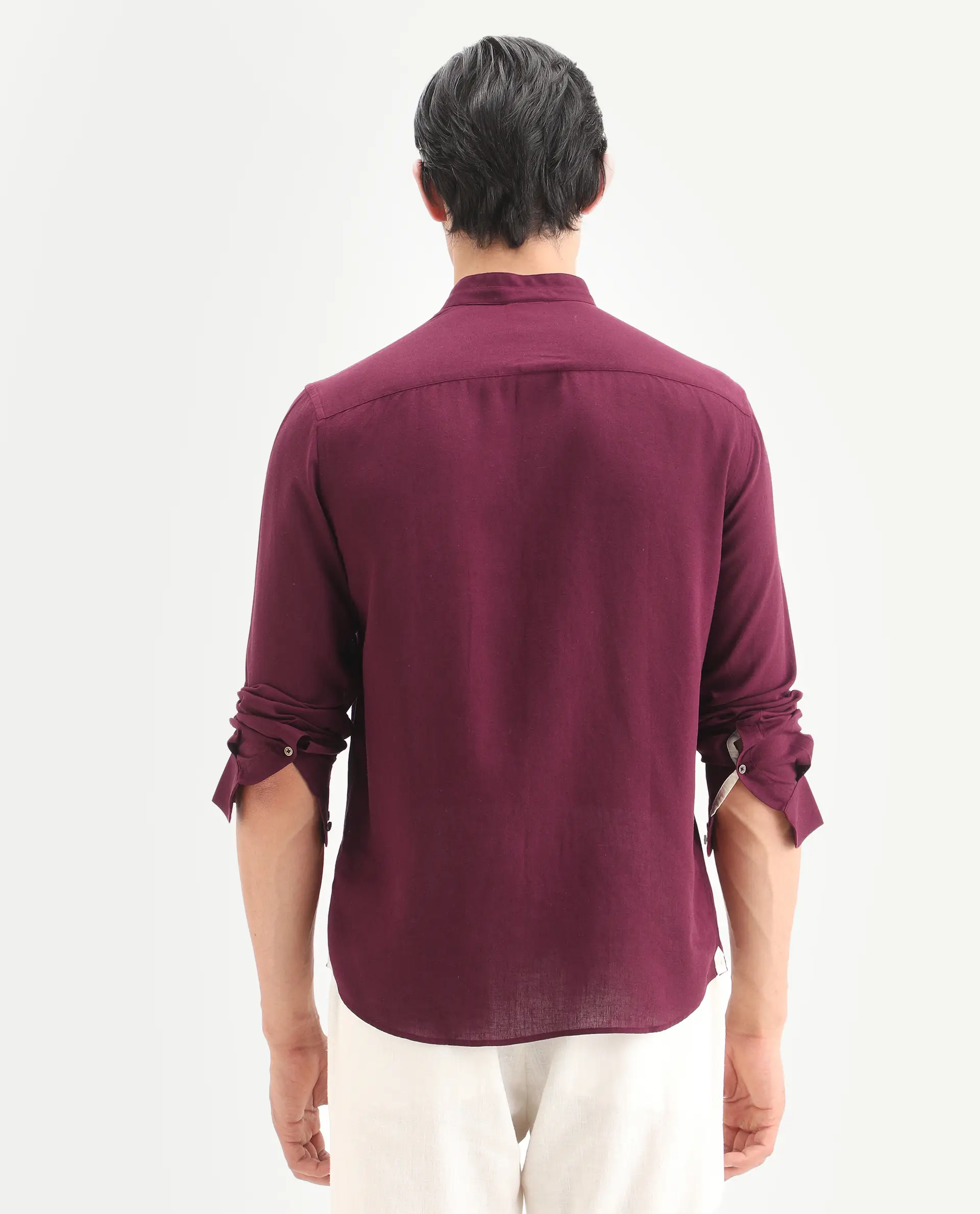 Rare Rabbit Men's Throne-26 Dark Maroon Linen Blend Fabric Full Sleeve Mandarin Collar Regular Fit Plain Shirt - Image 8