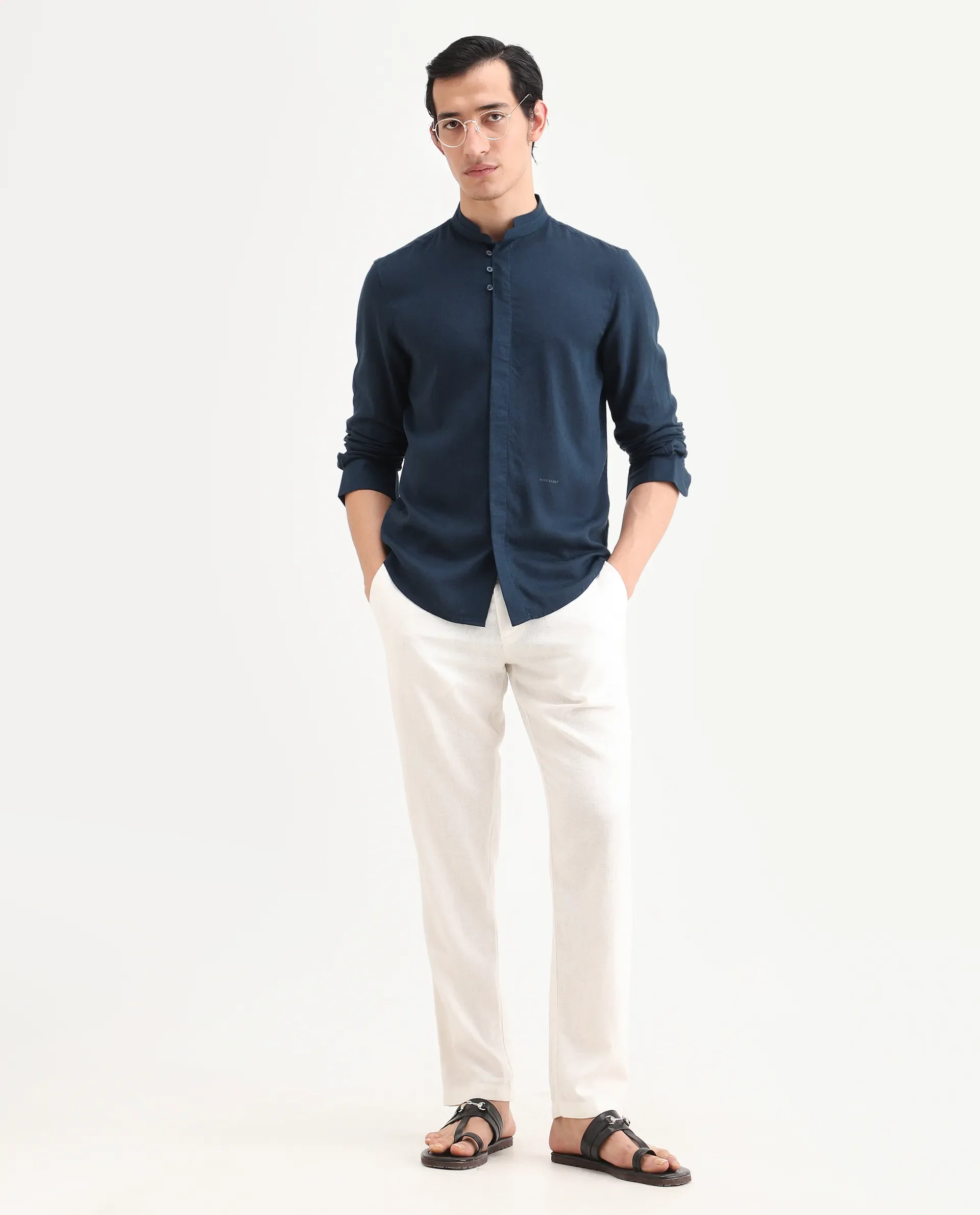 Rare Rabbit Men's Throne-26 Dark Navy Linen Blend Fabric Full Sleeve Mandarin Collar Regular Fit Plain Shirt - Image 2