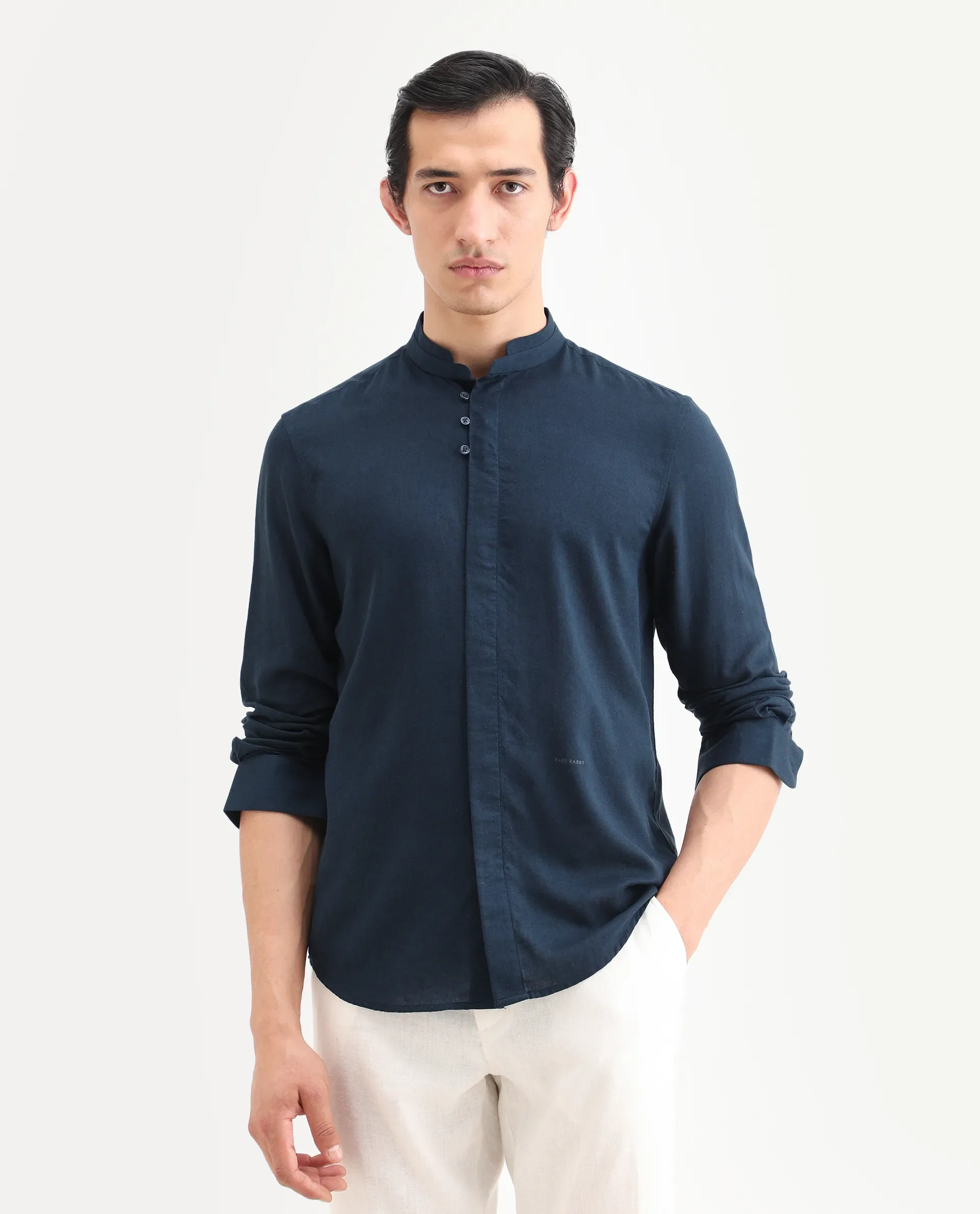 Rare Rabbit Men's Throne-26 Dark Navy Linen Blend Fabric Full Sleeve Mandarin Collar Regular Fit Plain Shirt - Image 3