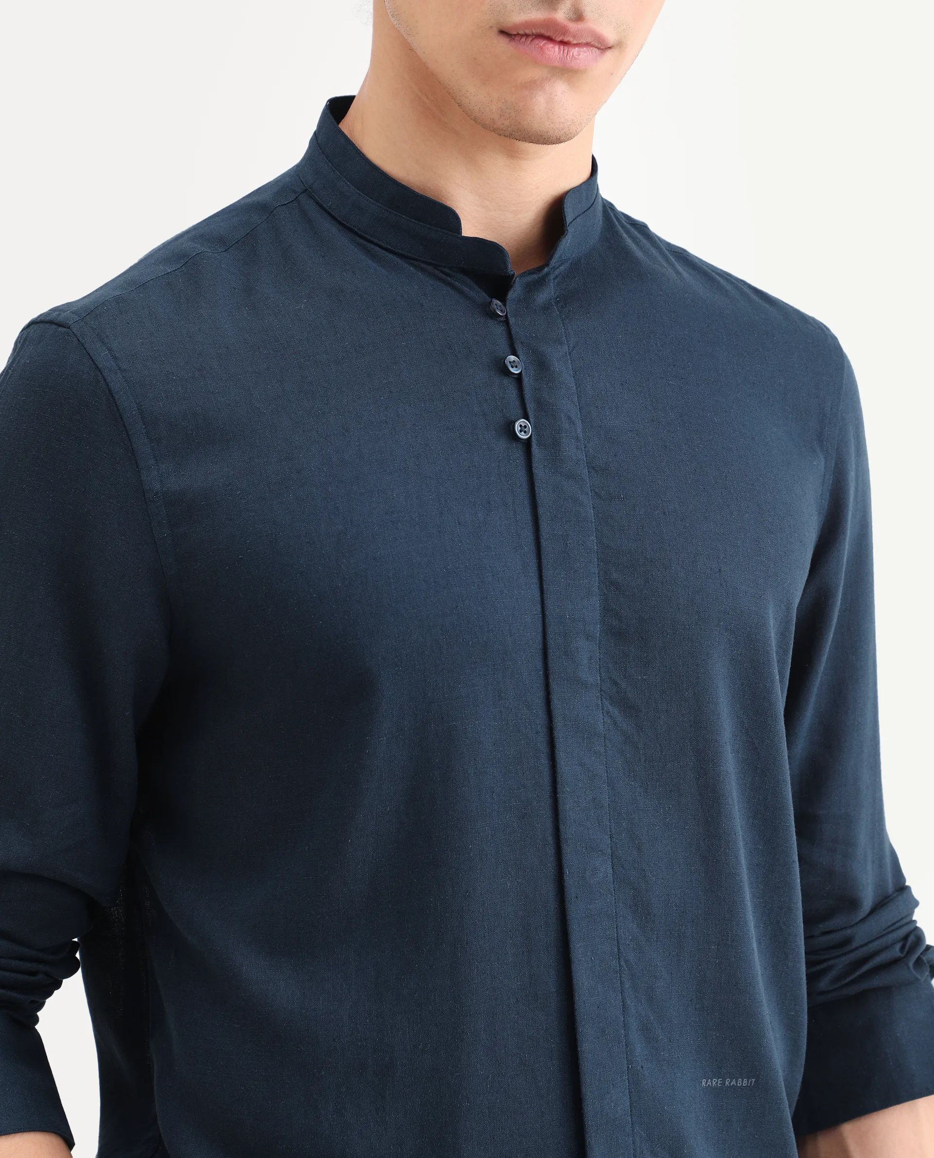 Rare Rabbit Men's Throne-26 Dark Navy Linen Blend Fabric Full Sleeve Mandarin Collar Regular Fit Plain Shirt - Image 4