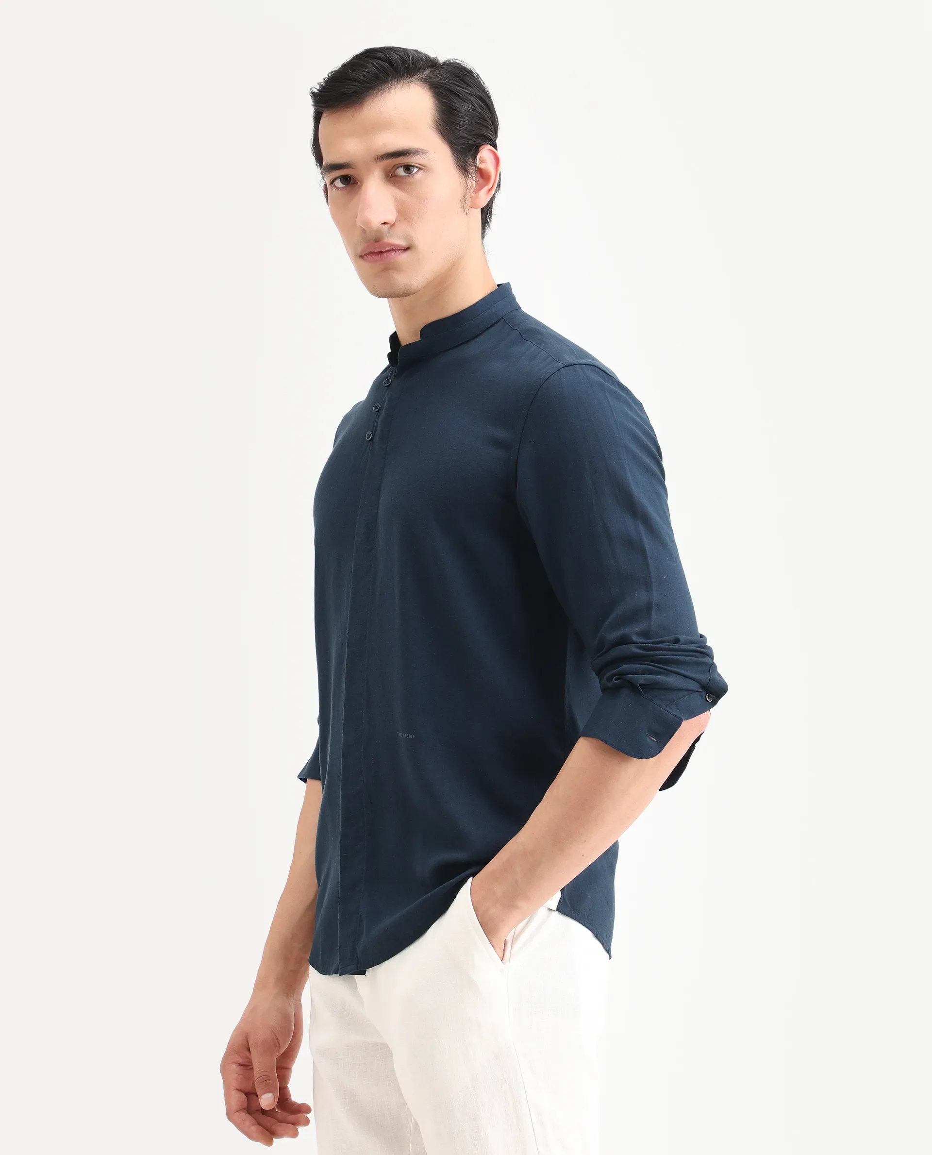 Rare Rabbit Men's Throne-26 Dark Navy Linen Blend Fabric Full Sleeve Mandarin Collar Regular Fit Plain Shirt - Image 5