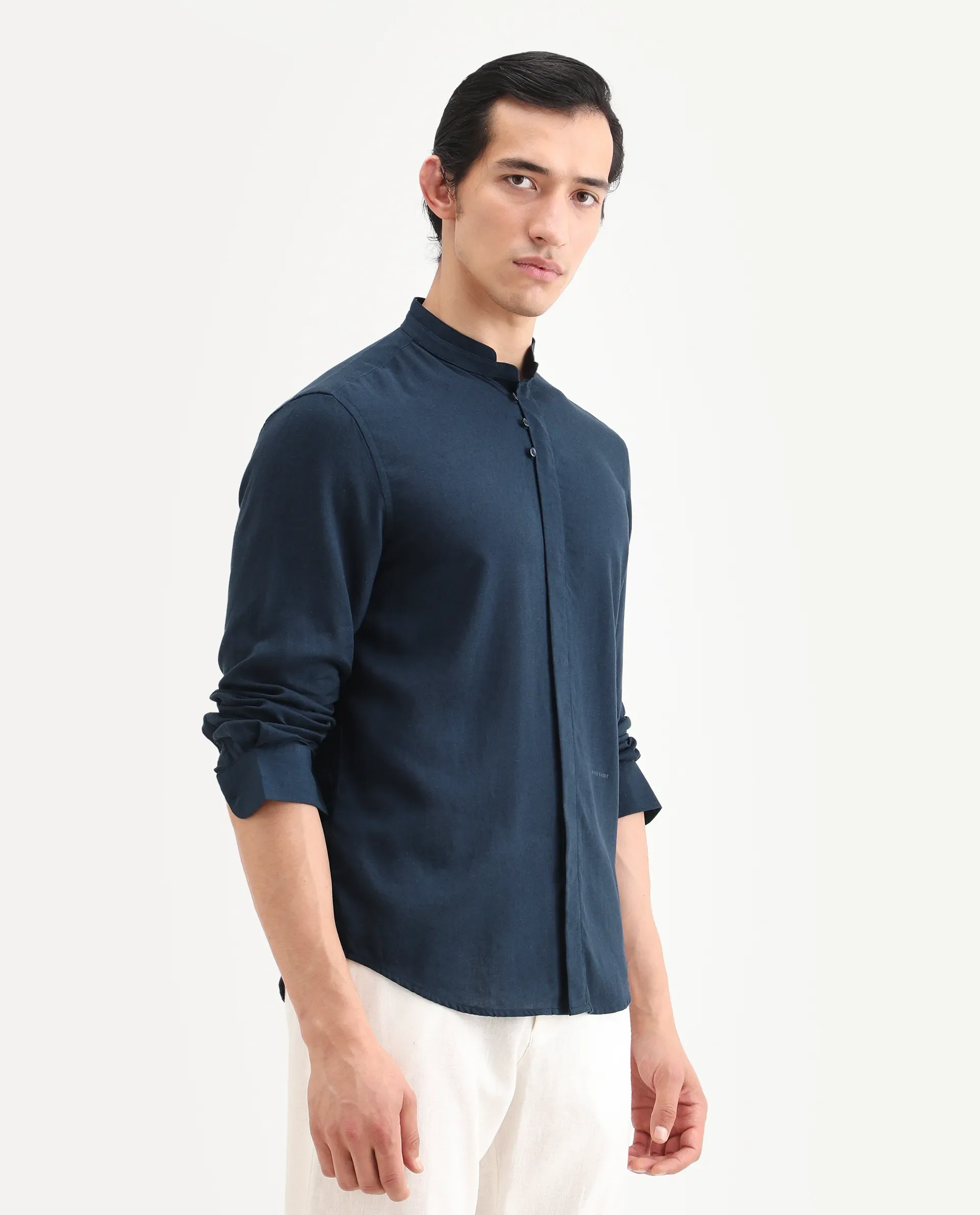 Rare Rabbit Men's Throne-26 Dark Navy Linen Blend Fabric Full Sleeve Mandarin Collar Regular Fit Plain Shirt - Image 6