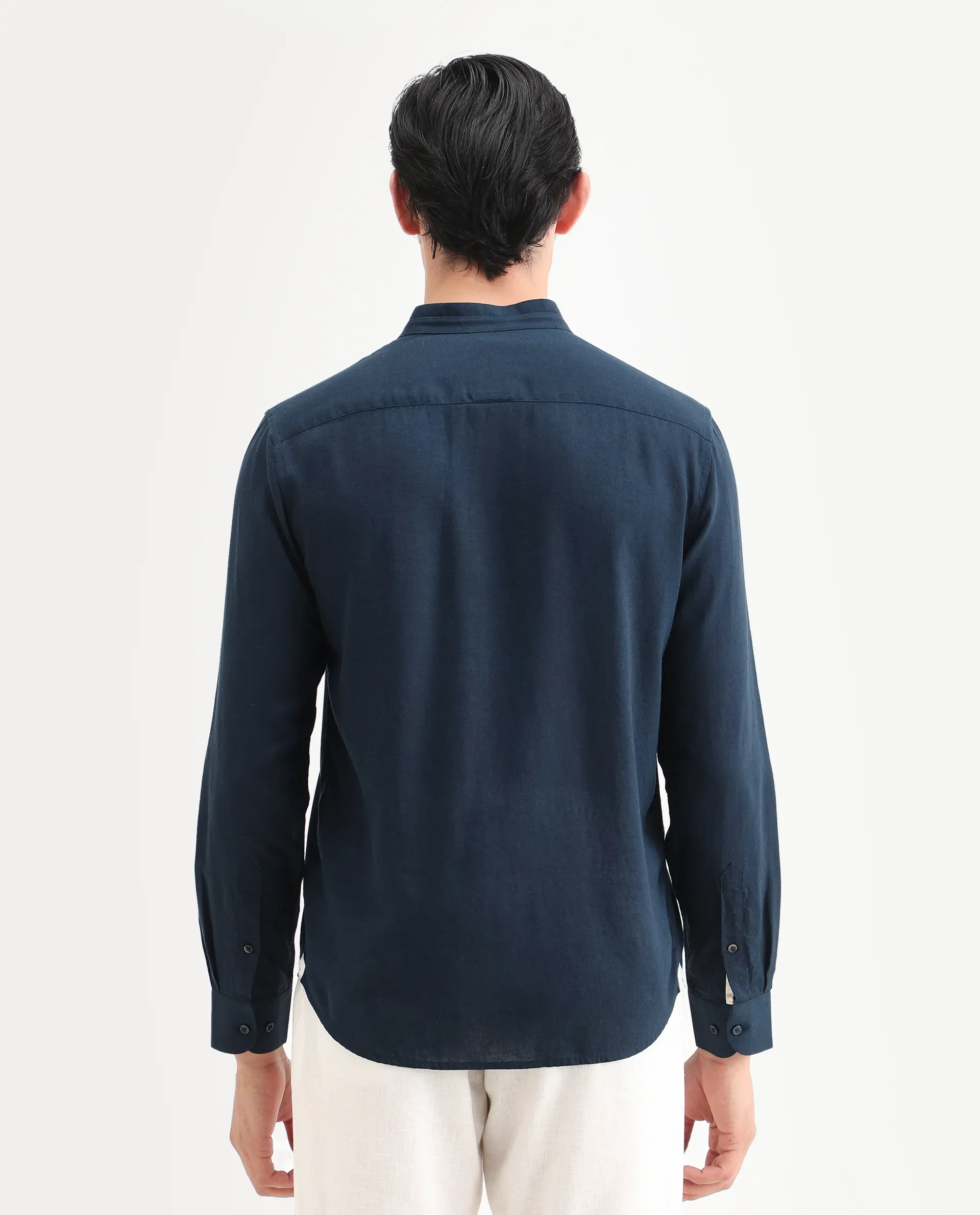 Rare Rabbit Men's Throne-26 Dark Navy Linen Blend Fabric Full Sleeve Mandarin Collar Regular Fit Plain Shirt - Image 7