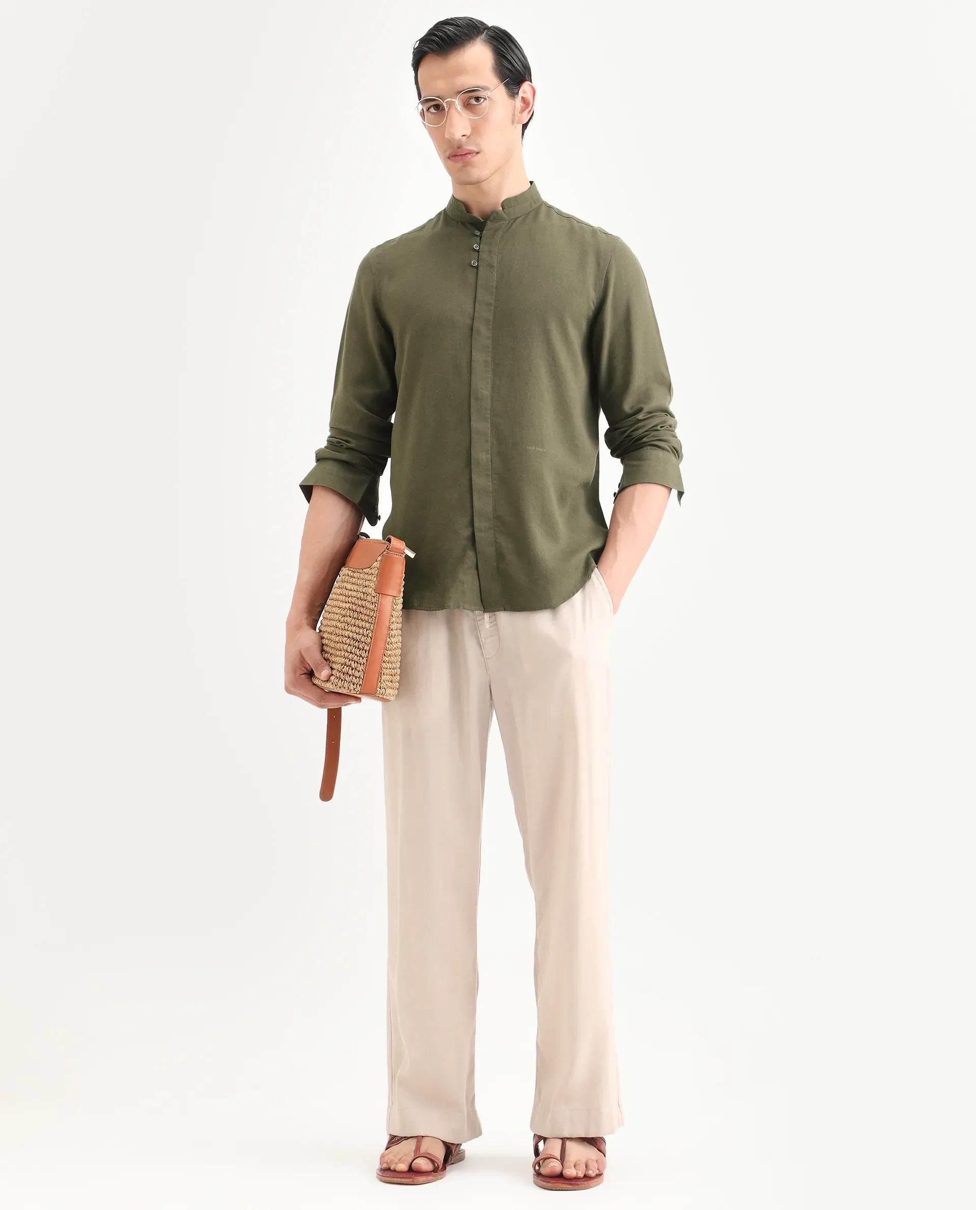 Rare Rabbit Men's Throne-26 Dark Olive Linen Blend Fabric Full Sleeve Mandarin Collar Regular Fit Plain Shirt - Image 2