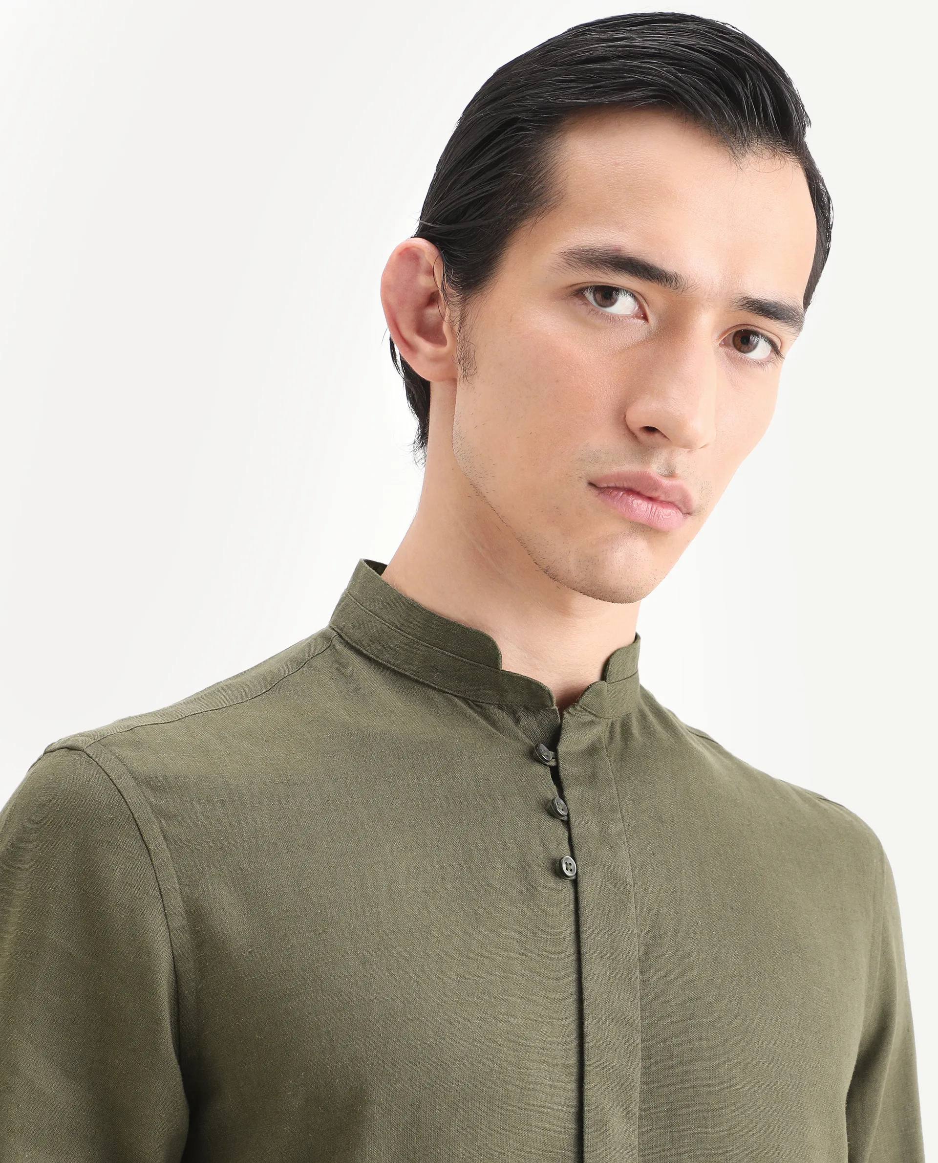 Rare Rabbit Men's Throne-26 Dark Olive Linen Blend Fabric Full Sleeve Mandarin Collar Regular Fit Plain Shirt - Image 3