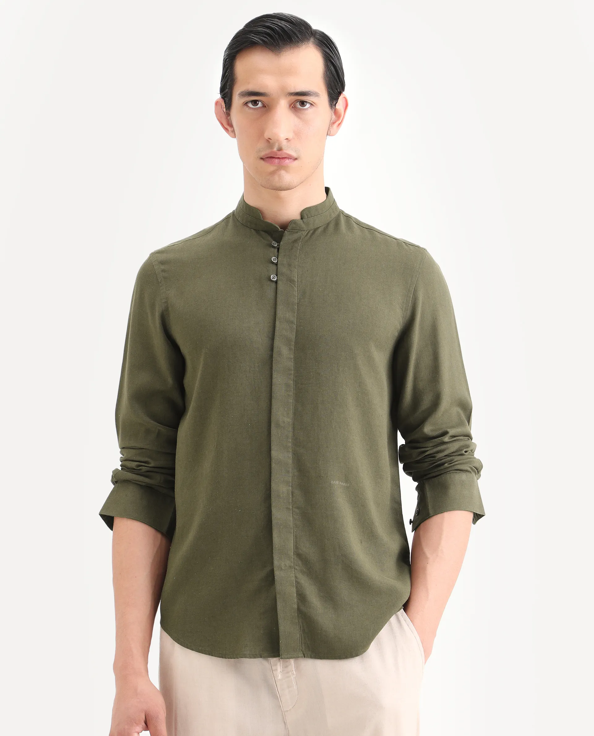 Rare Rabbit Men's Throne-26 Dark Olive Linen Blend Fabric Full Sleeve Mandarin Collar Regular Fit Plain Shirt - Image 4