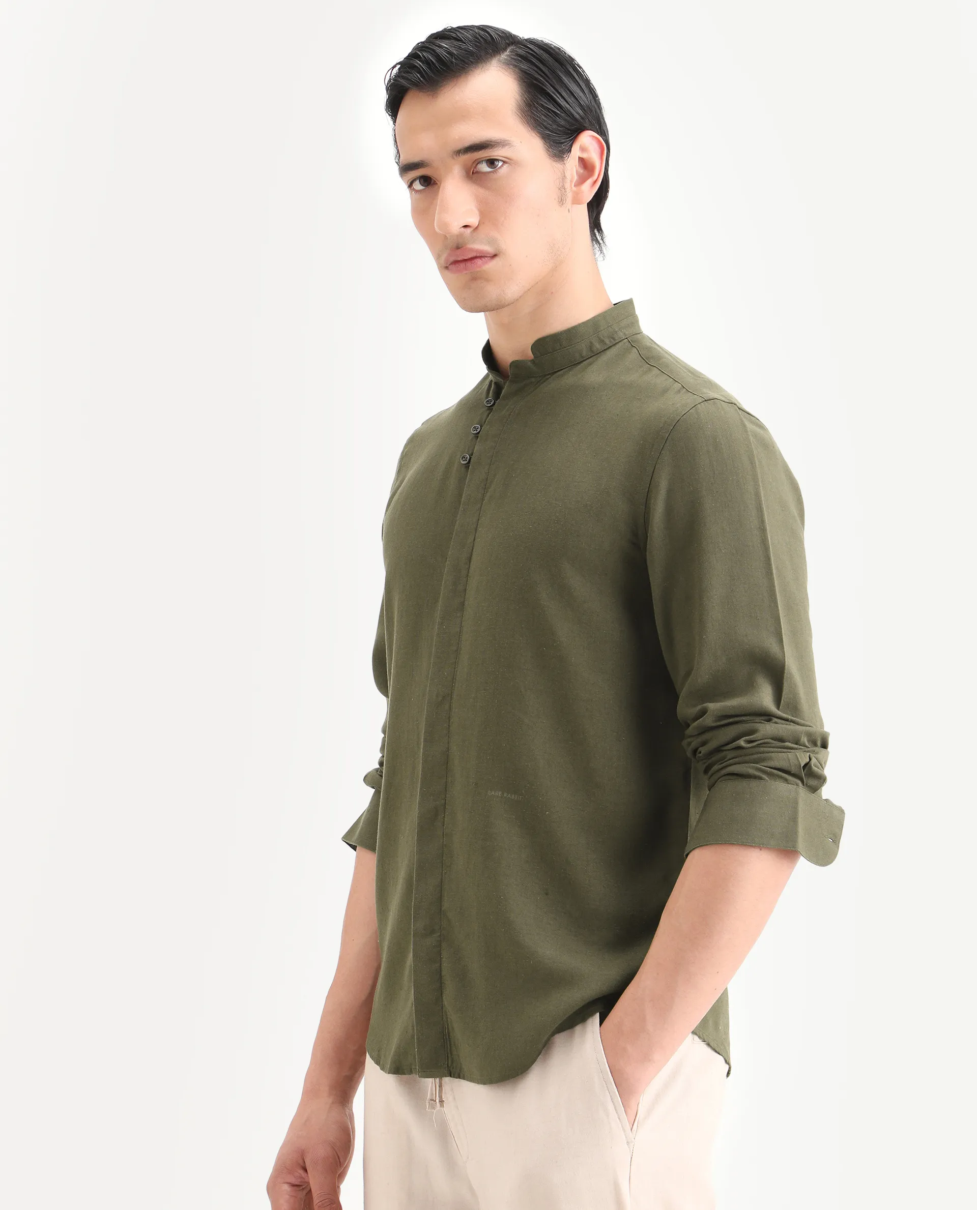 Rare Rabbit Men's Throne-26 Dark Olive Linen Blend Fabric Full Sleeve Mandarin Collar Regular Fit Plain Shirt - Image 5