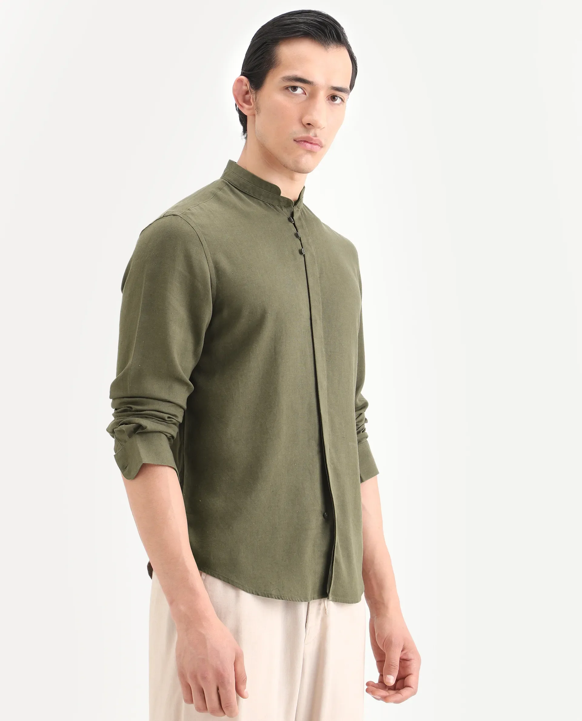 Rare Rabbit Men's Throne-26 Dark Olive Linen Blend Fabric Full Sleeve Mandarin Collar Regular Fit Plain Shirt - Image 6