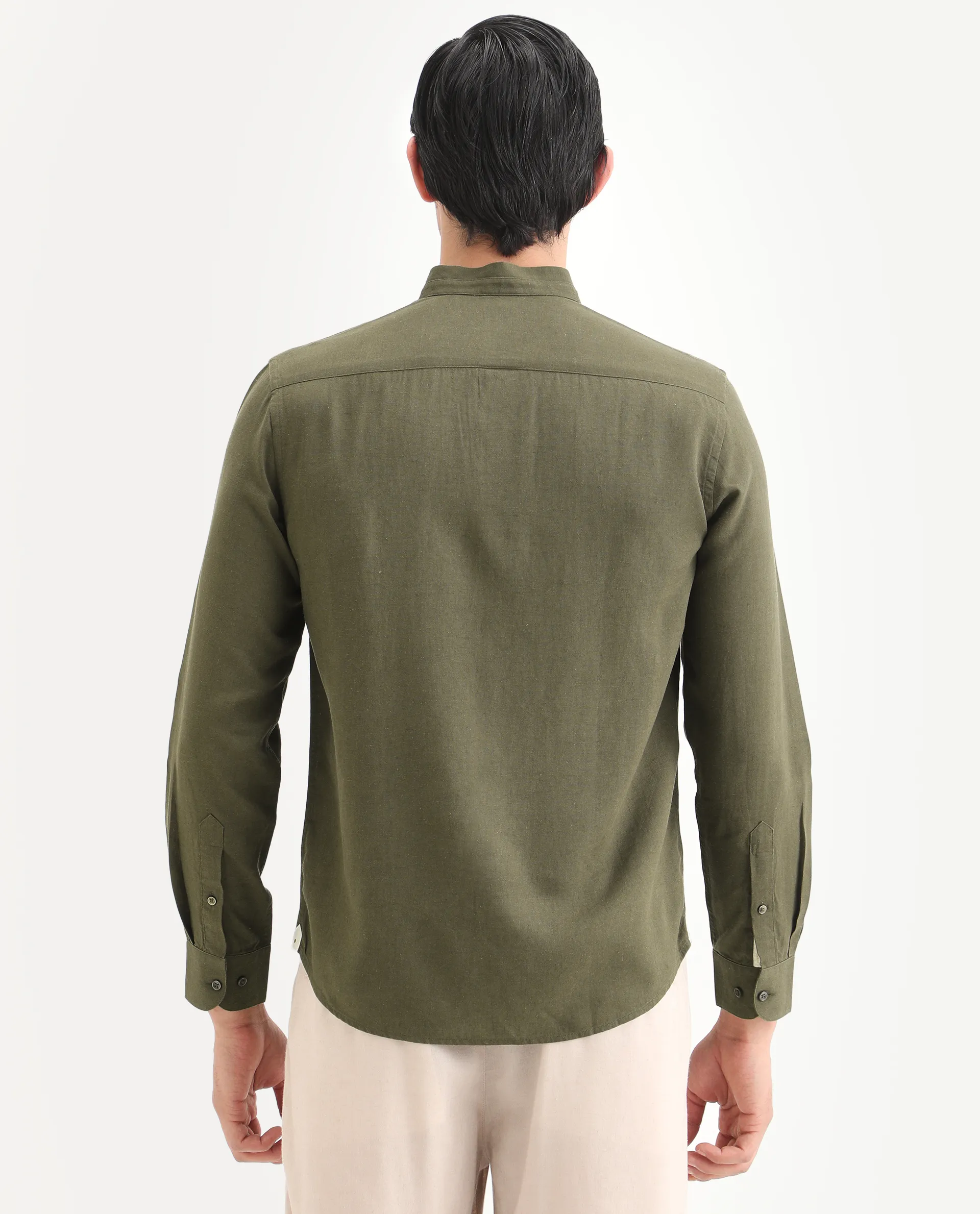 Rare Rabbit Men's Throne-26 Dark Olive Linen Blend Fabric Full Sleeve Mandarin Collar Regular Fit Plain Shirt - Image 7