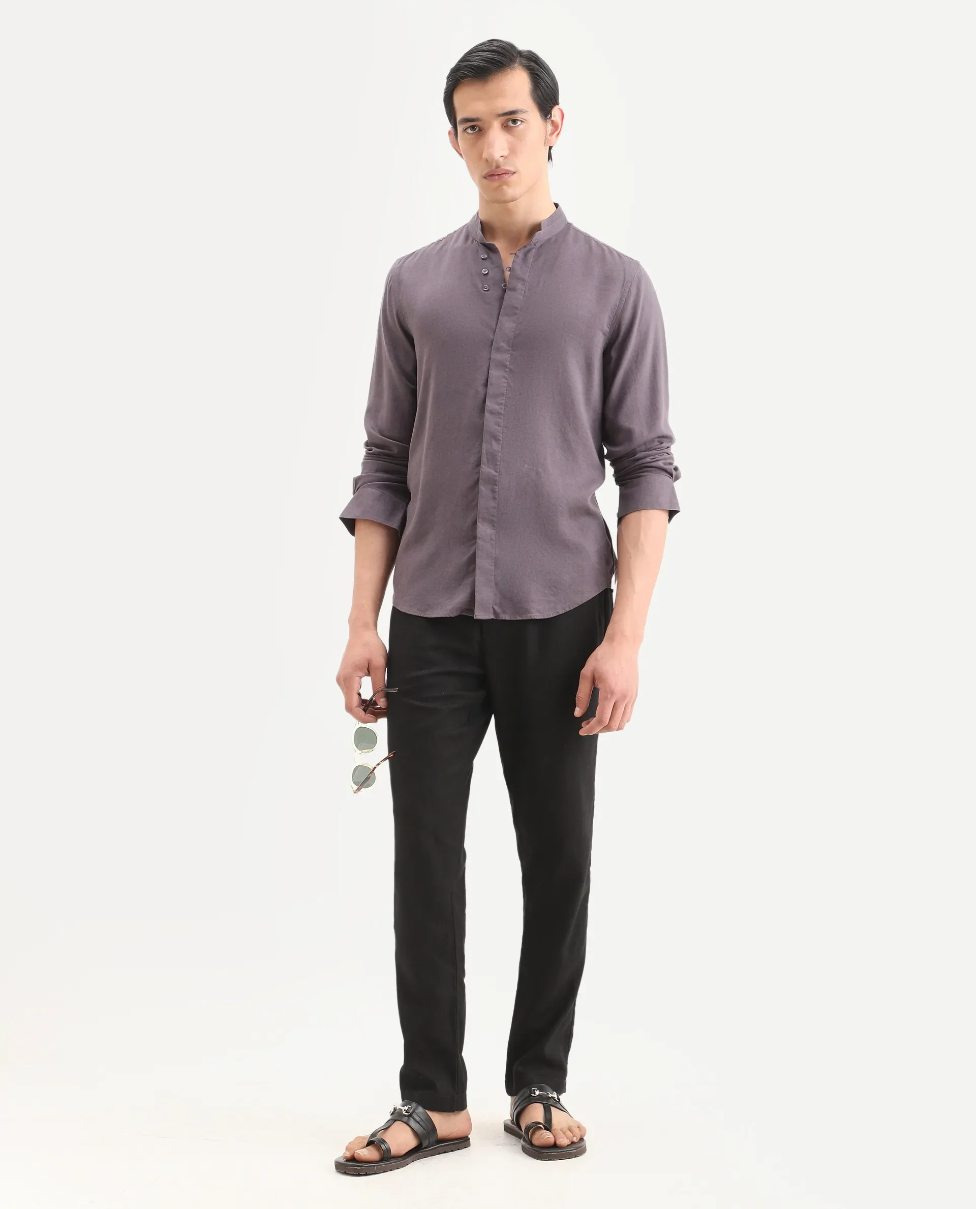 Rare Rabbit Men's Throne-26 Dusky Purple Linen Blend Fabric Full Sleeve Mandarin Collar Regular Fit Plain Shirt - Image 2