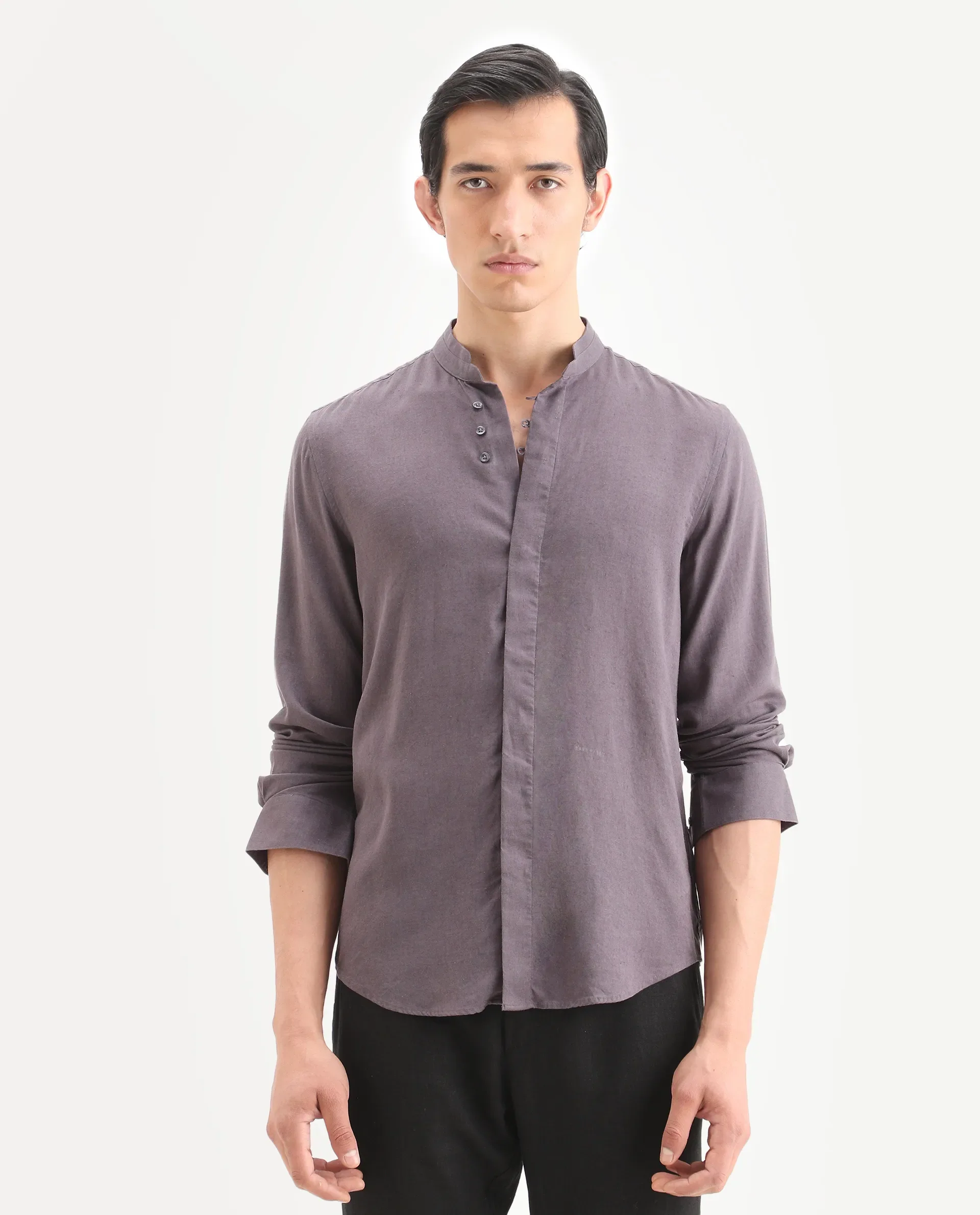 Rare Rabbit Men's Throne-26 Dusky Purple Linen Blend Fabric Full Sleeve Mandarin Collar Regular Fit Plain Shirt - Image 3