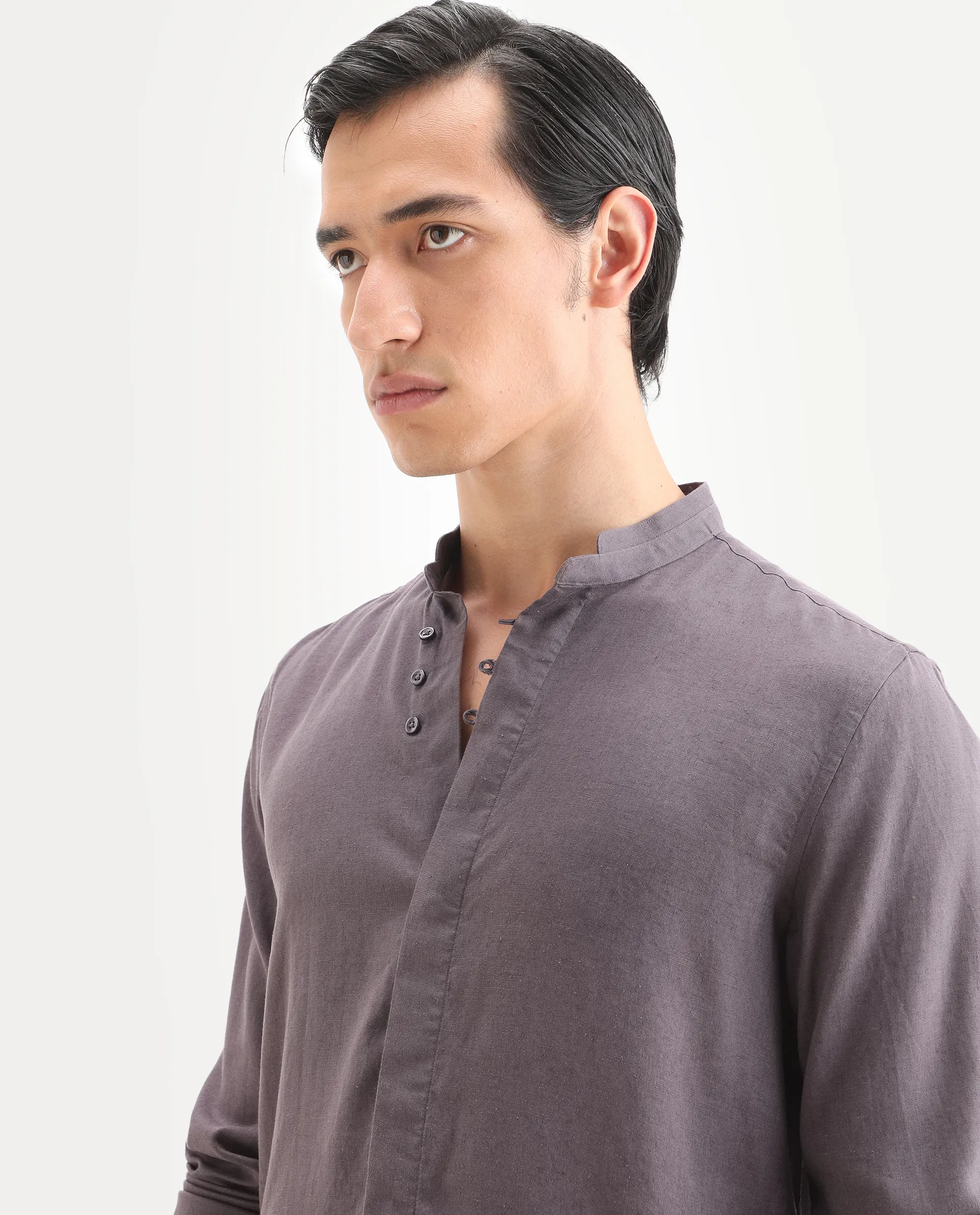 Rare Rabbit Men's Throne-26 Dusky Purple Linen Blend Fabric Full Sleeve Mandarin Collar Regular Fit Plain Shirt - Image 4
