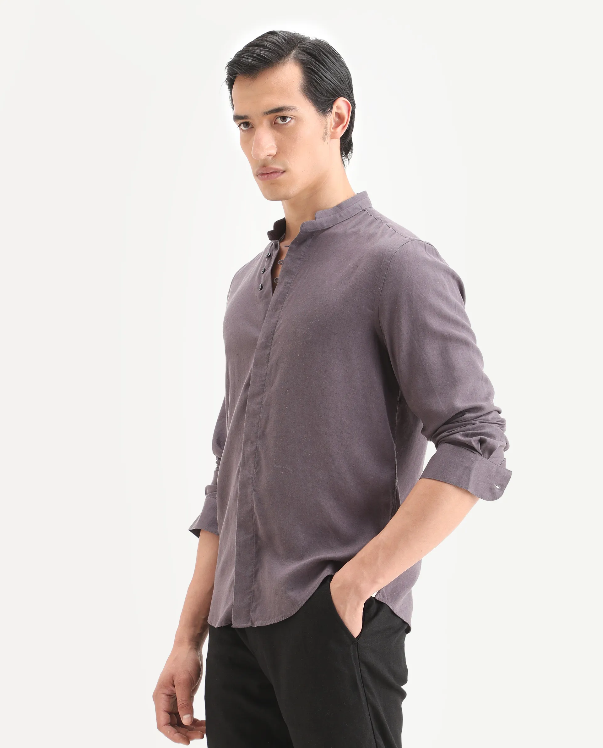 Rare Rabbit Men's Throne-26 Dusky Purple Linen Blend Fabric Full Sleeve Mandarin Collar Regular Fit Plain Shirt - Image 6