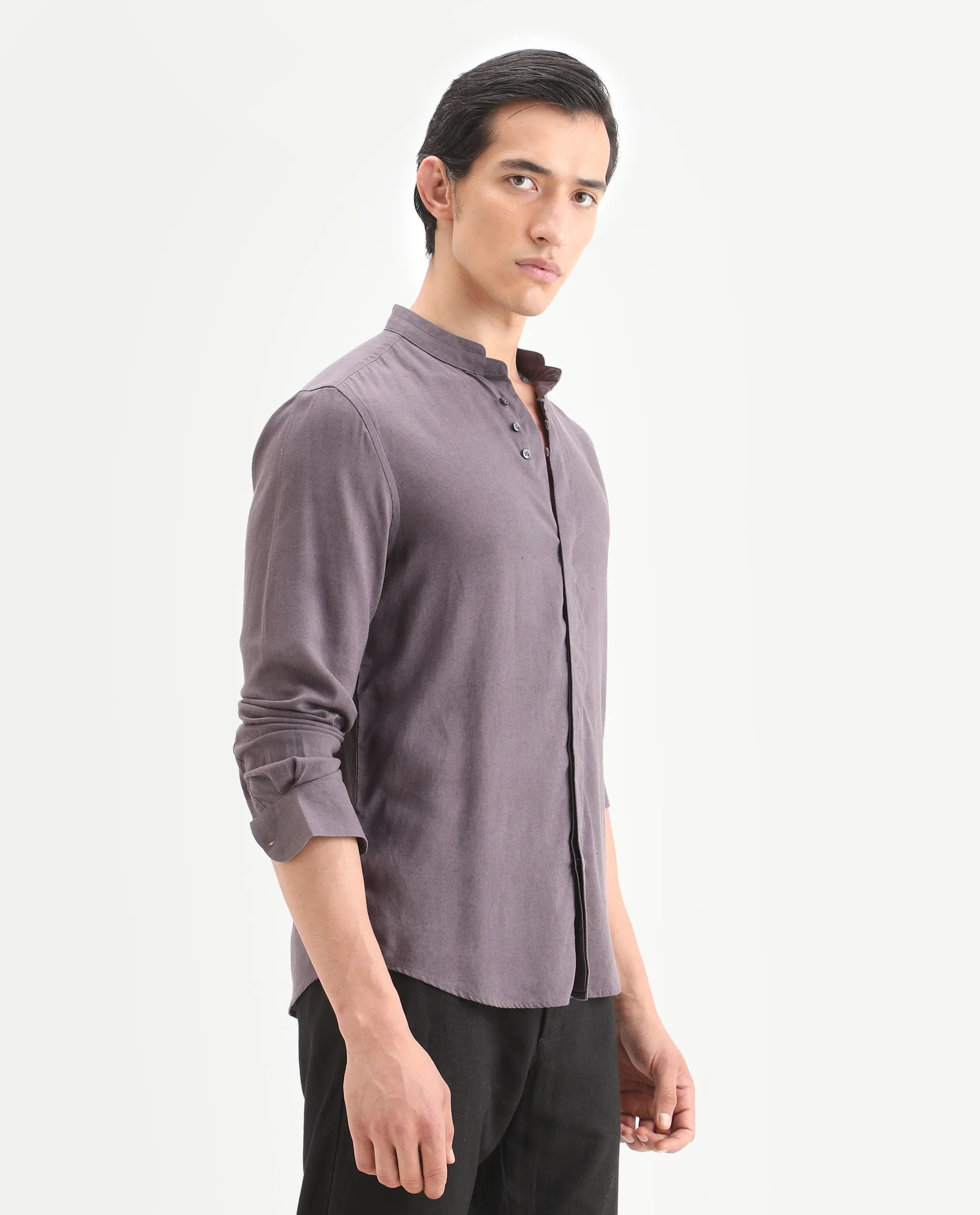 Rare Rabbit Men's Throne-26 Dusky Purple Linen Blend Fabric Full Sleeve Mandarin Collar Regular Fit Plain Shirt - Image 7