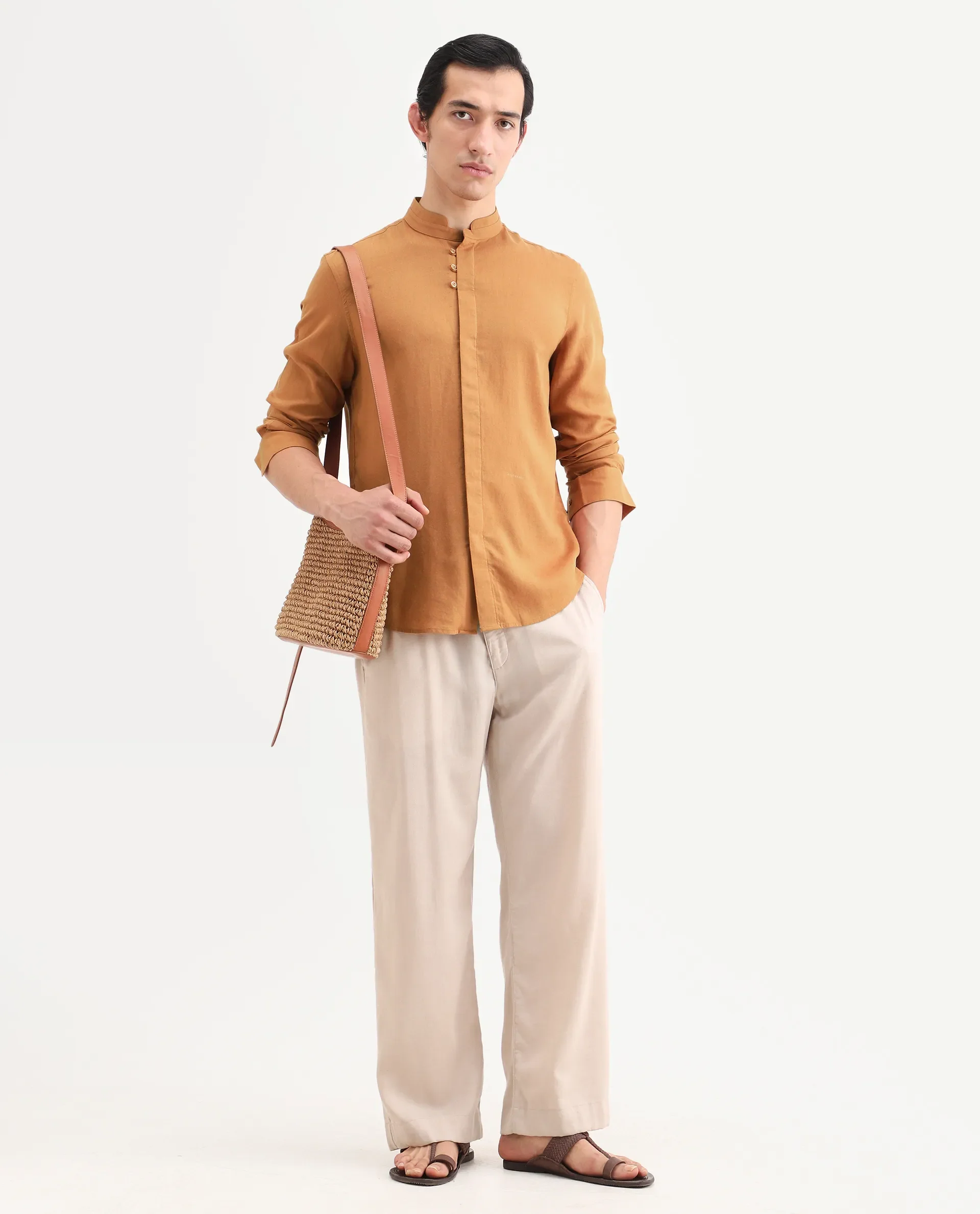 Rare Rabbit Men's Throne-26 Mustard Linen Blend Fabric Full Sleeve Mandarin Collar Regular Fit Plain Shirt - Image 2