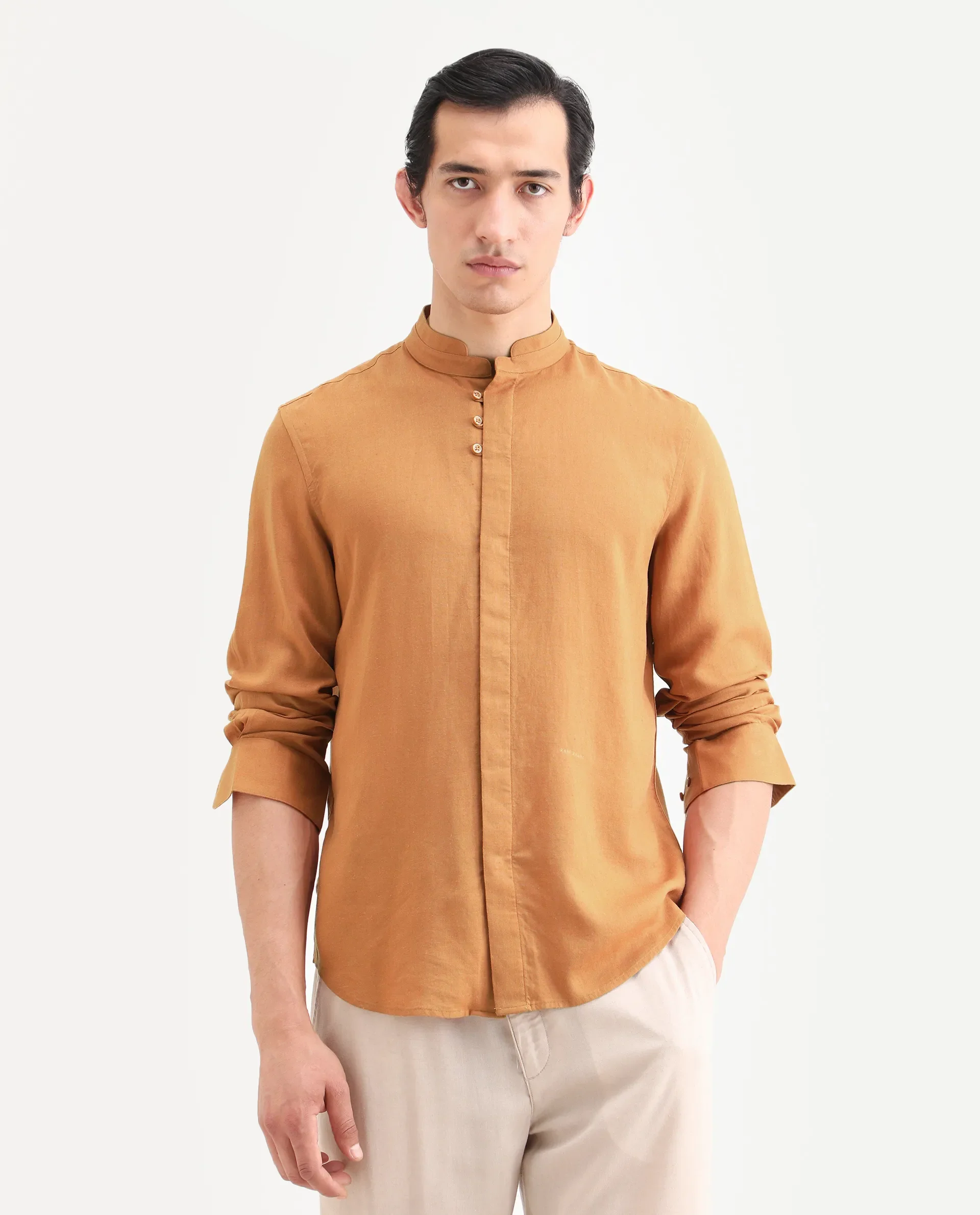 Rare Rabbit Men's Throne-26 Mustard Linen Blend Fabric Full Sleeve Mandarin Collar Regular Fit Plain Shirt - Image 3