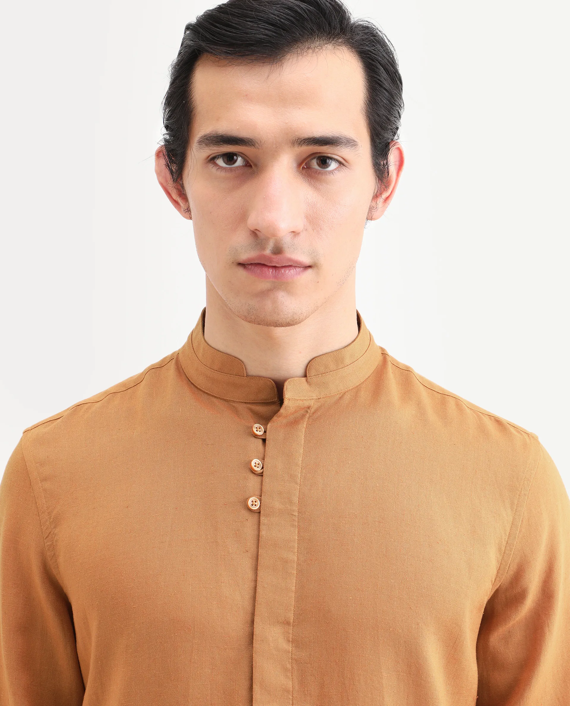 Rare Rabbit Men's Throne-26 Mustard Linen Blend Fabric Full Sleeve Mandarin Collar Regular Fit Plain Shirt - Image 4