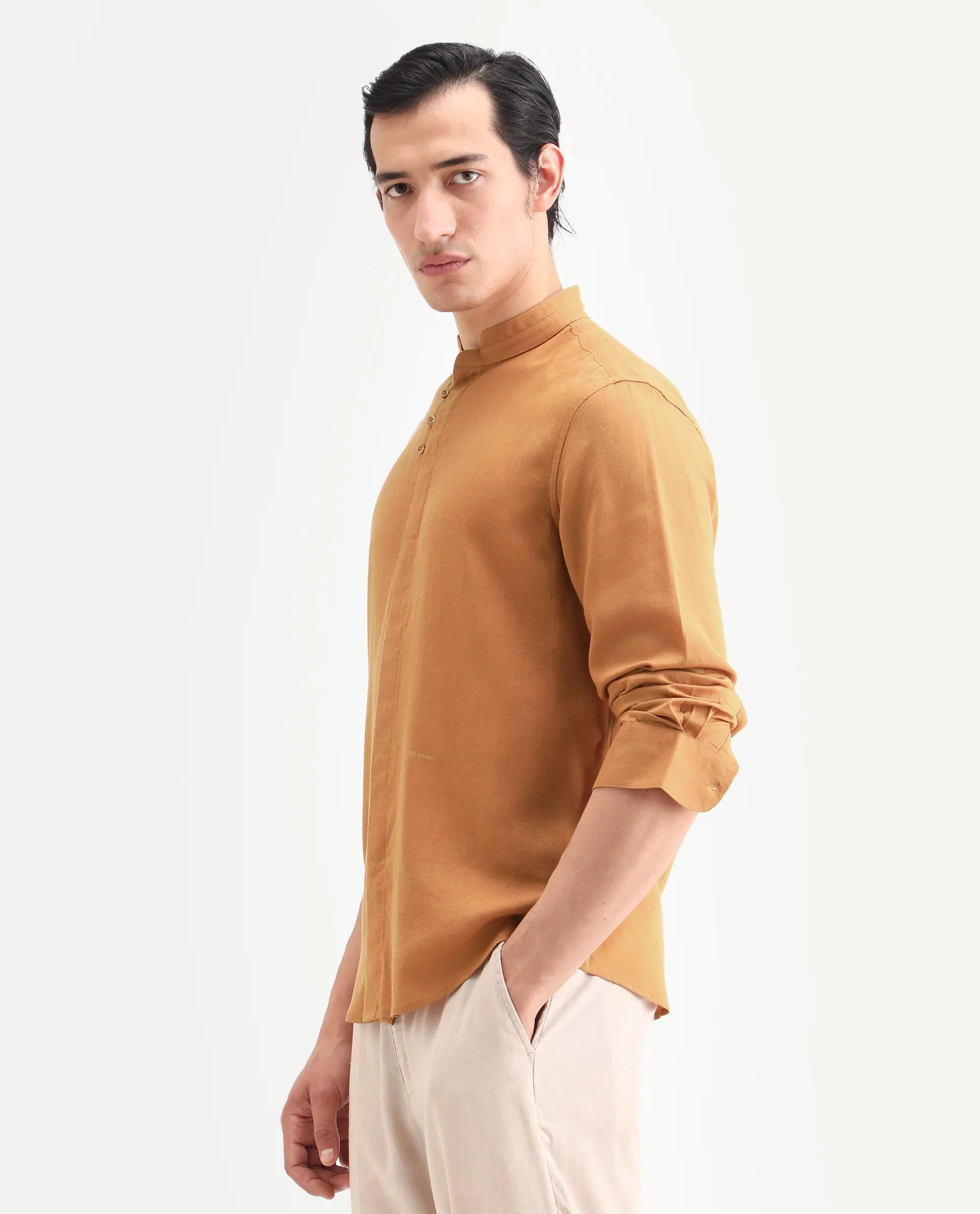 Rare Rabbit Men's Throne-26 Mustard Linen Blend Fabric Full Sleeve Mandarin Collar Regular Fit Plain Shirt - Image 5