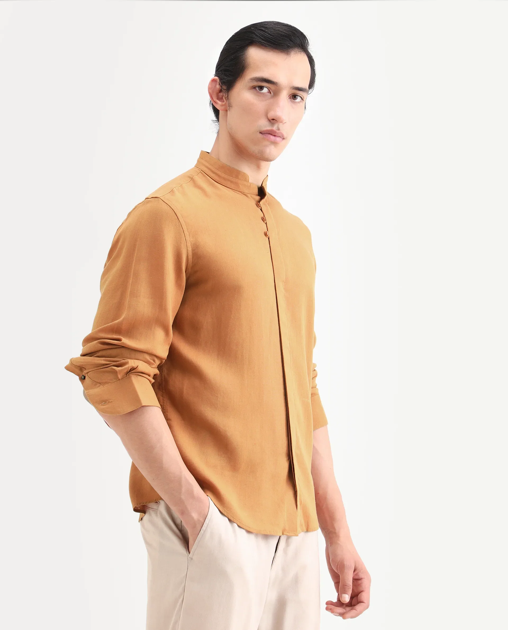 Rare Rabbit Men's Throne-26 Mustard Linen Blend Fabric Full Sleeve Mandarin Collar Regular Fit Plain Shirt - Image 6