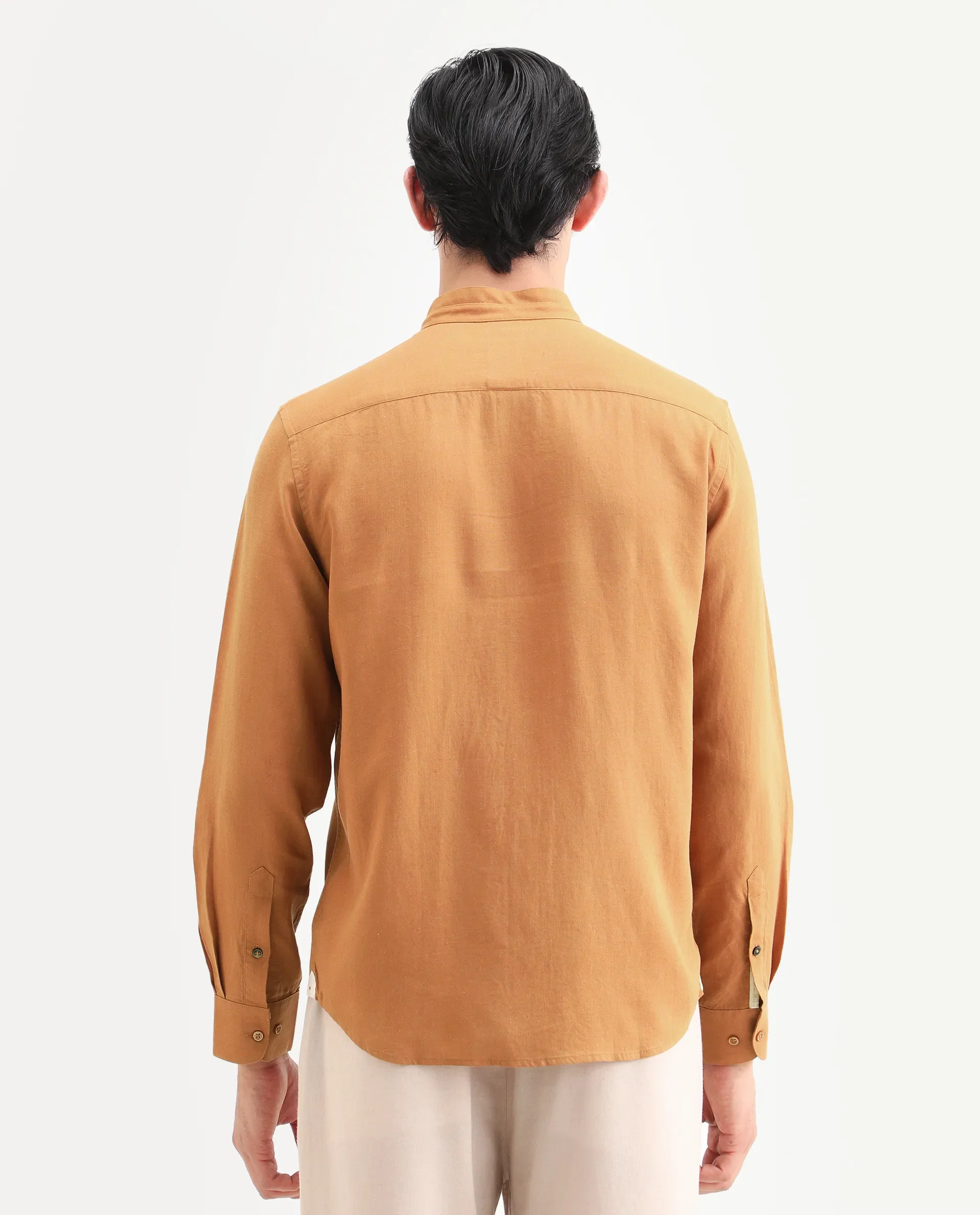 Rare Rabbit Men's Throne-26 Mustard Linen Blend Fabric Full Sleeve Mandarin Collar Regular Fit Plain Shirt - Image 7