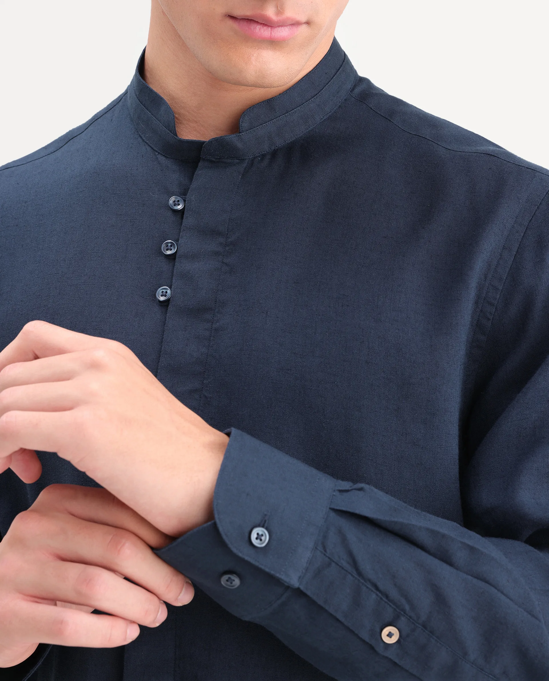 Rare Rabbit Men's Throne-Aw26 Dark Navy Linen Blend Mandarin Collar Regular Plain Shirt - Image 3