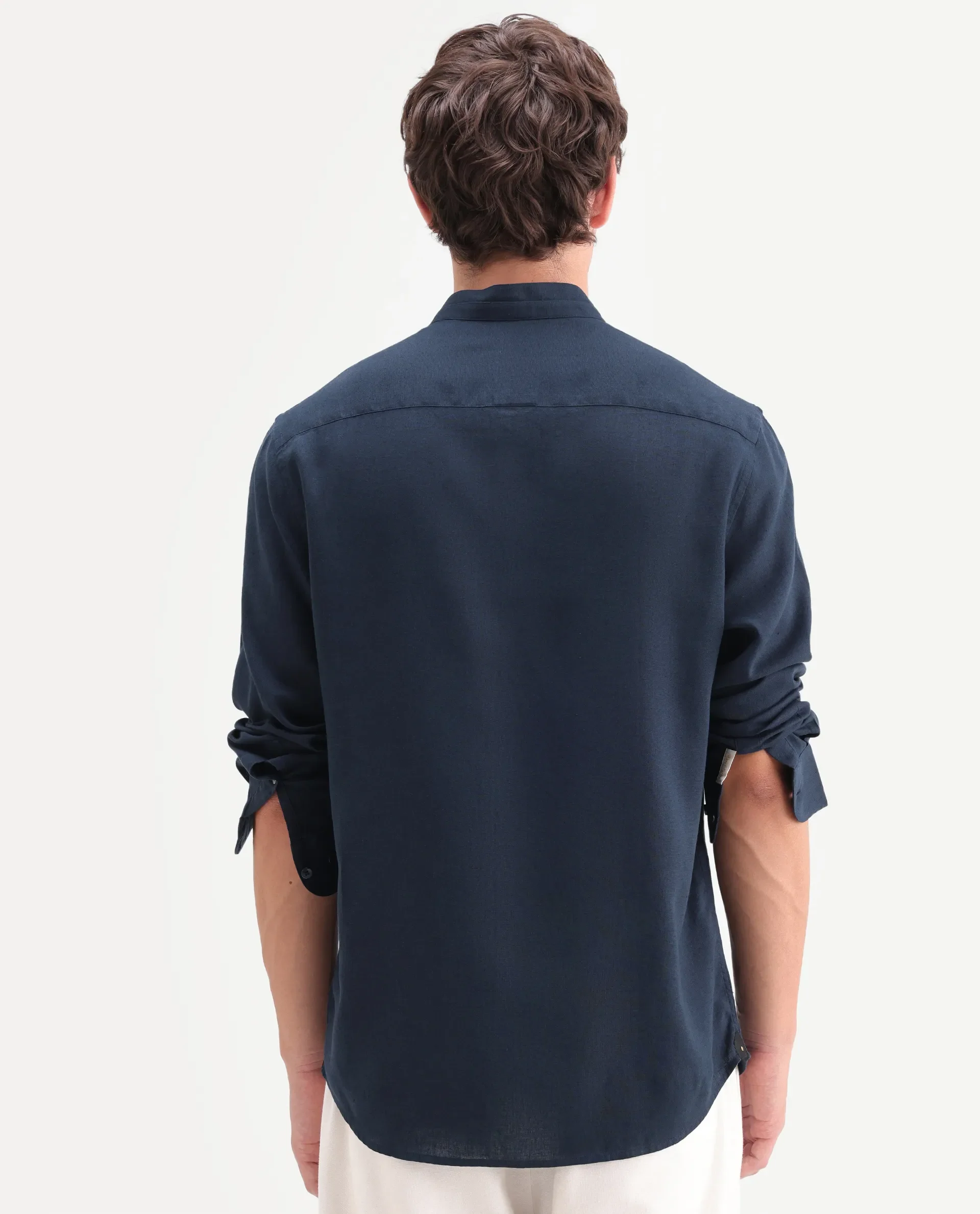 Rare Rabbit Men's Throne-Aw26 Dark Navy Linen Blend Mandarin Collar Regular Plain Shirt - Image 7