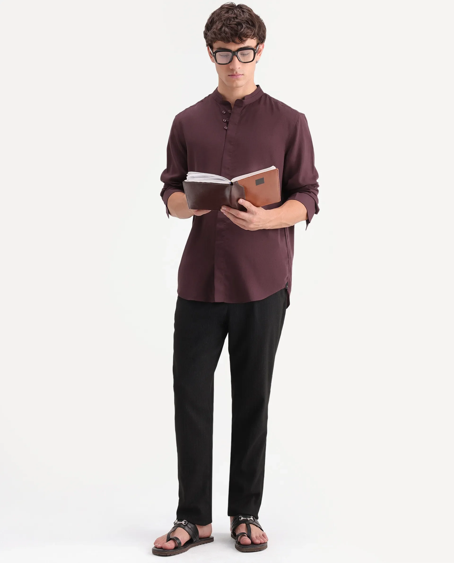 Rare Rabbit Men's Throne-Aw26 Dusky Maroon Linen Blend Mandarin Collar Regular Plain Shirt - Image 2