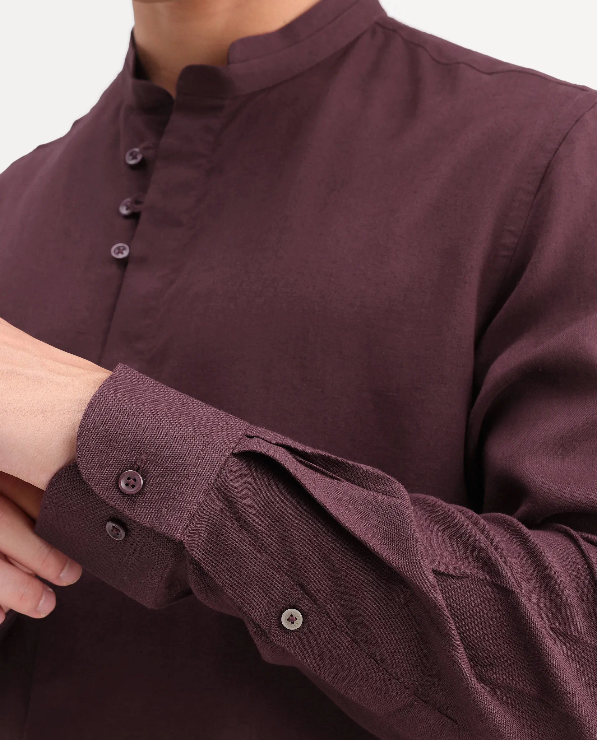Rare Rabbit Men's Throne-Aw26 Dusky Maroon Linen Blend Mandarin Collar Regular Plain Shirt - Image 3