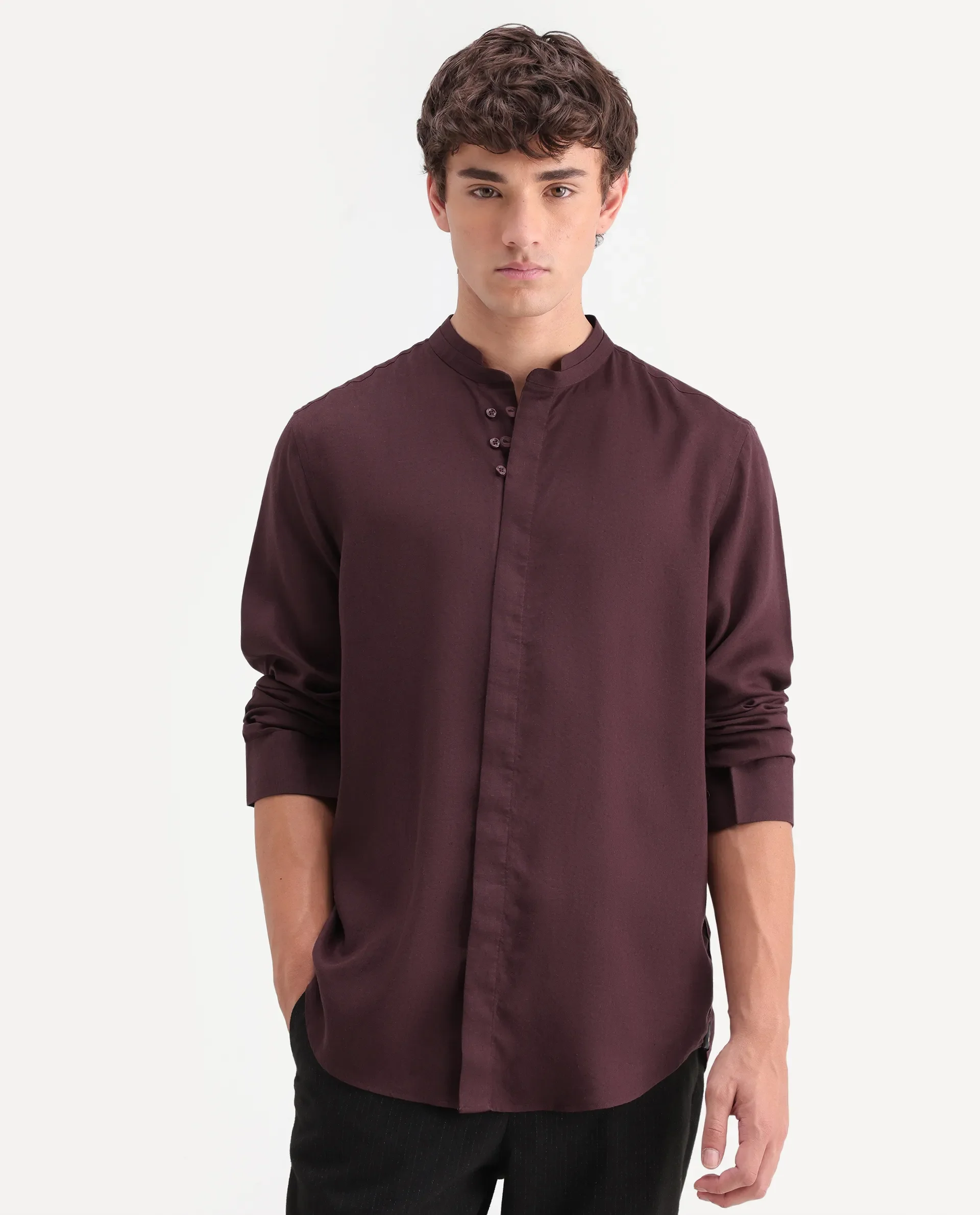 Rare Rabbit Men's Throne-Aw26 Dusky Maroon Linen Blend Mandarin Collar Regular Plain Shirt - Image 4