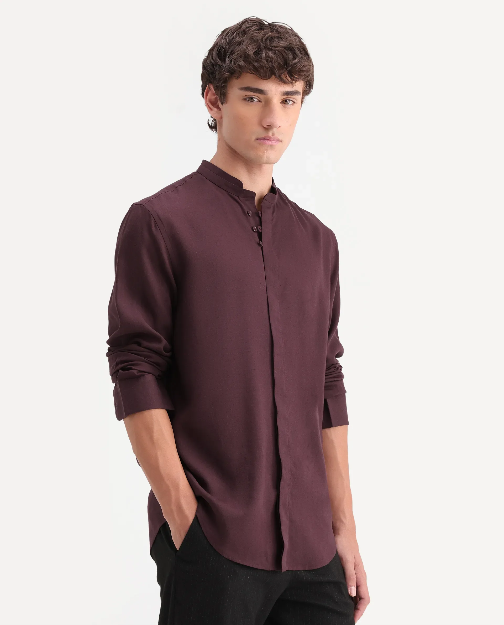 Rare Rabbit Men's Throne-Aw26 Dusky Maroon Linen Blend Mandarin Collar Regular Plain Shirt - Image 5