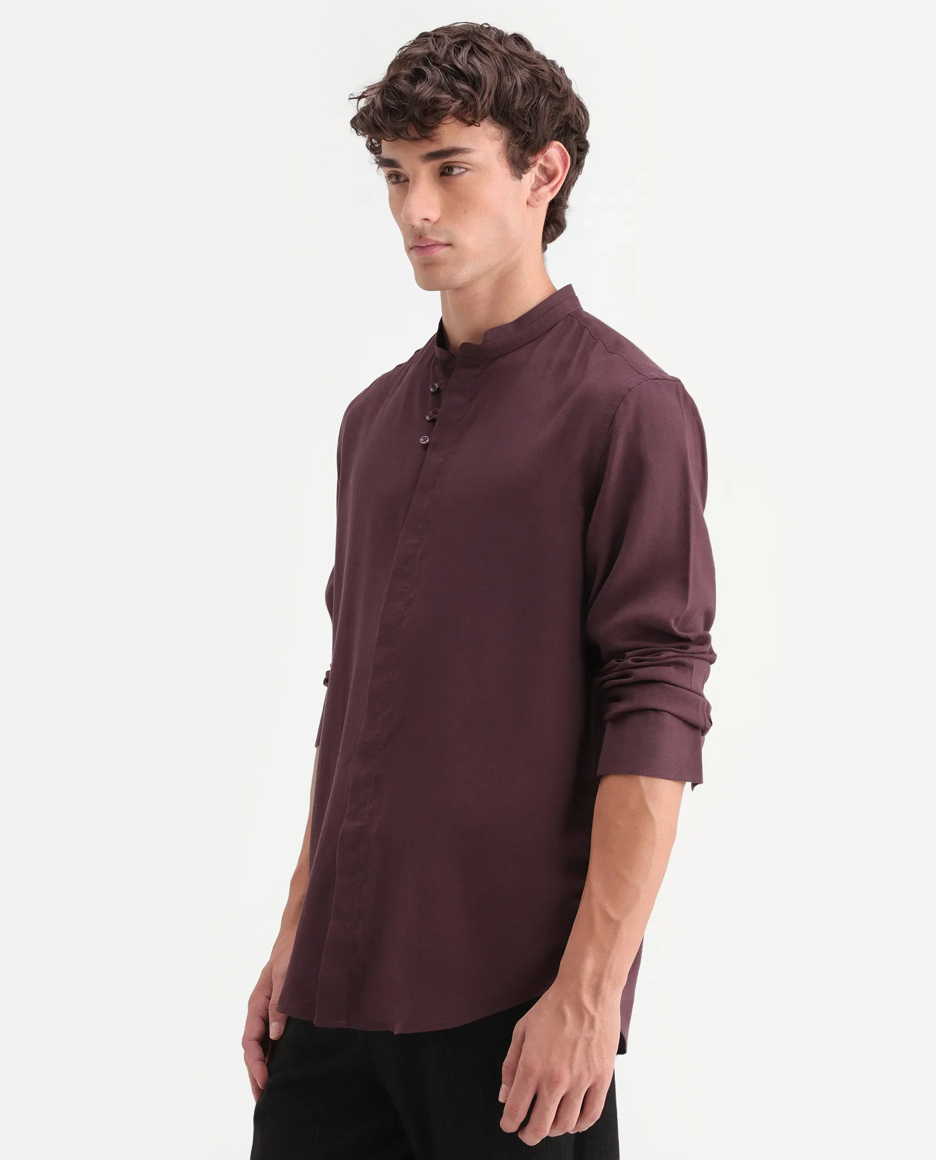 Rare Rabbit Men's Throne-Aw26 Dusky Maroon Linen Blend Mandarin Collar Regular Plain Shirt - Image 6
