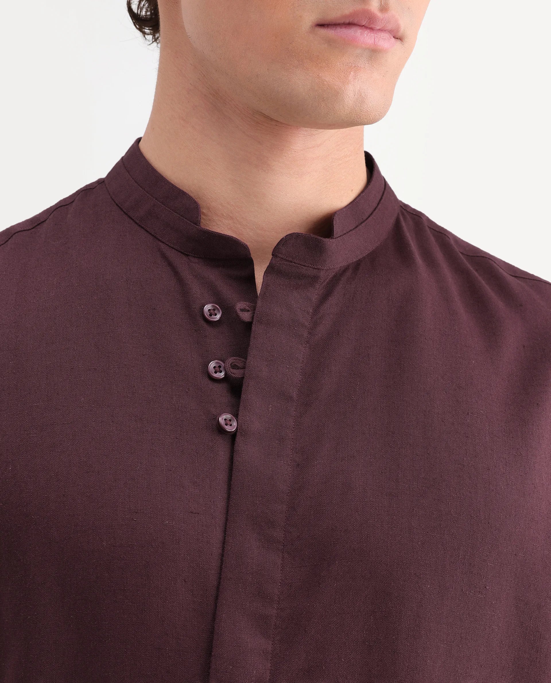 Rare Rabbit Men's Throne-Aw26 Dusky Maroon Linen Blend Mandarin Collar Regular Plain Shirt - Image 7