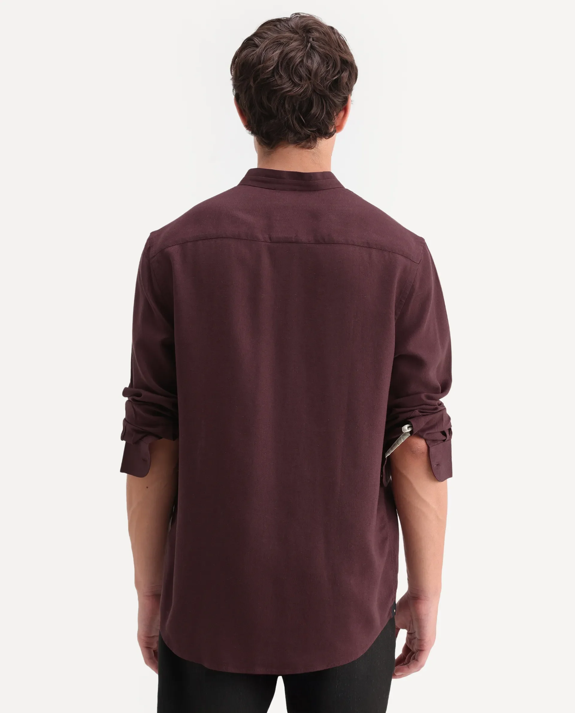 Rare Rabbit Men's Throne-Aw26 Dusky Maroon Linen Blend Mandarin Collar Regular Plain Shirt - Image 8