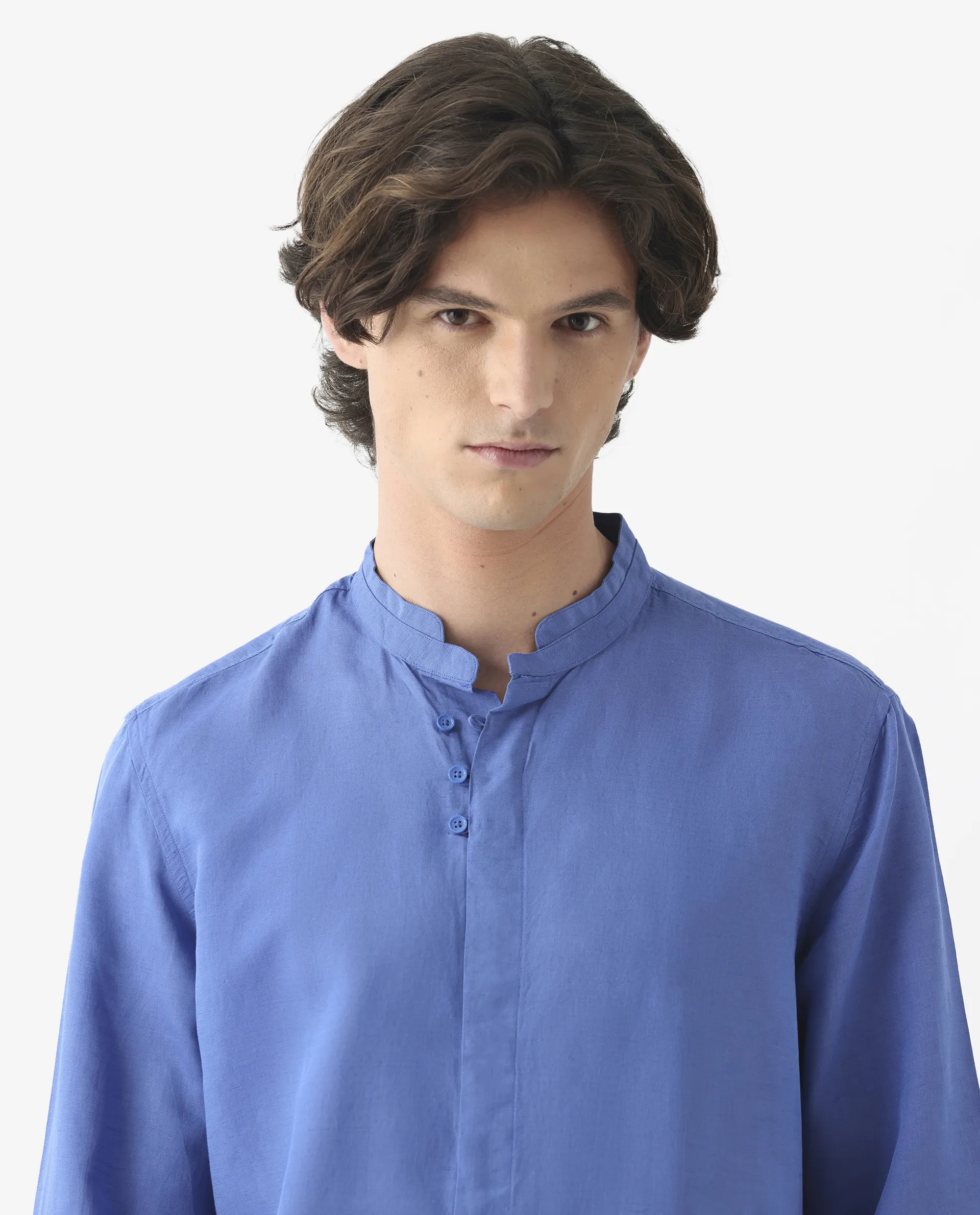 Rare Rabbit Men's Throne Blue 100% Linen Plain Regular Fit Full Sleeve Spread Collar Shirt - Image 3