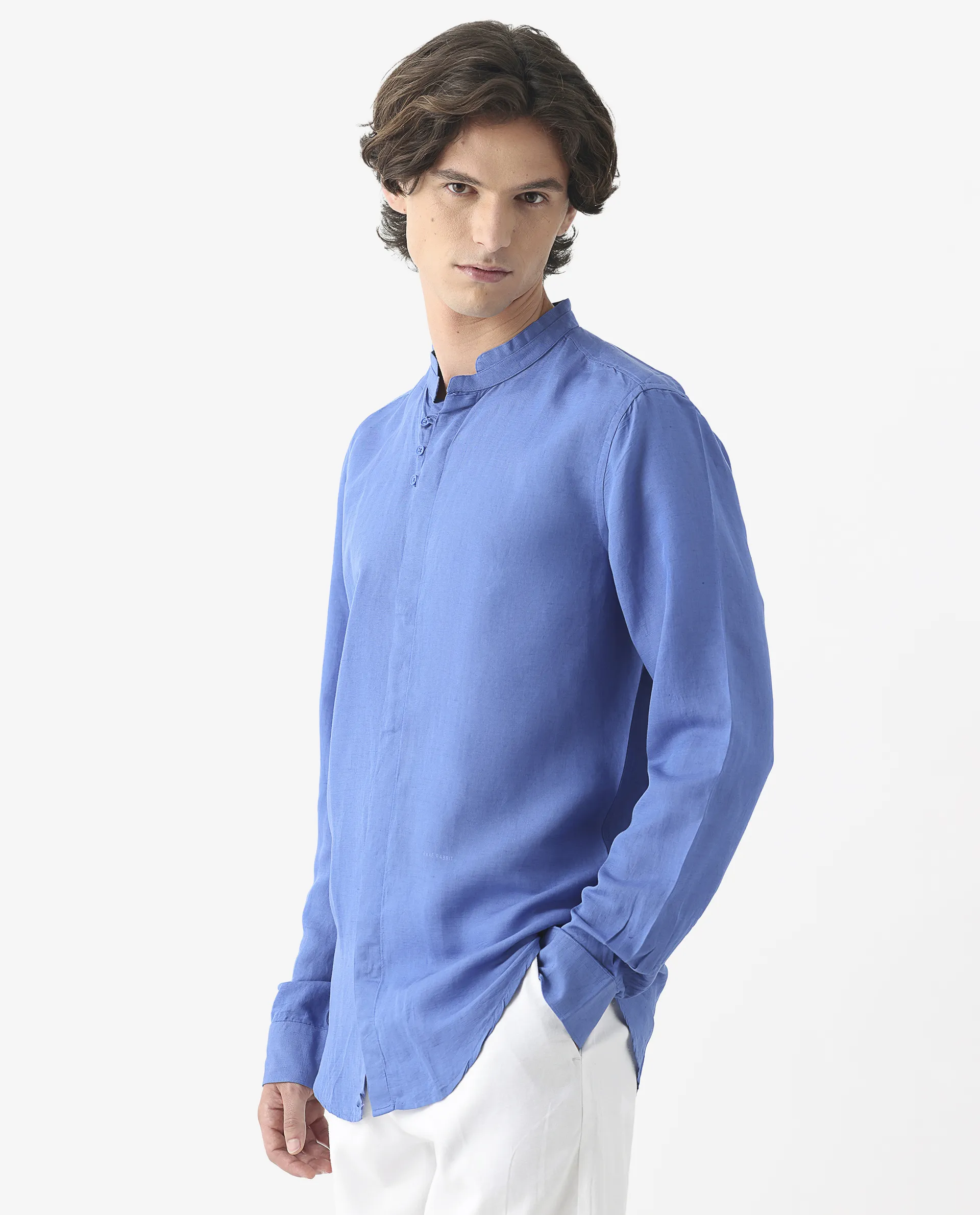 Rare Rabbit Men's Throne Blue 100% Linen Plain Regular Fit Full Sleeve Spread Collar Shirt - Image 4