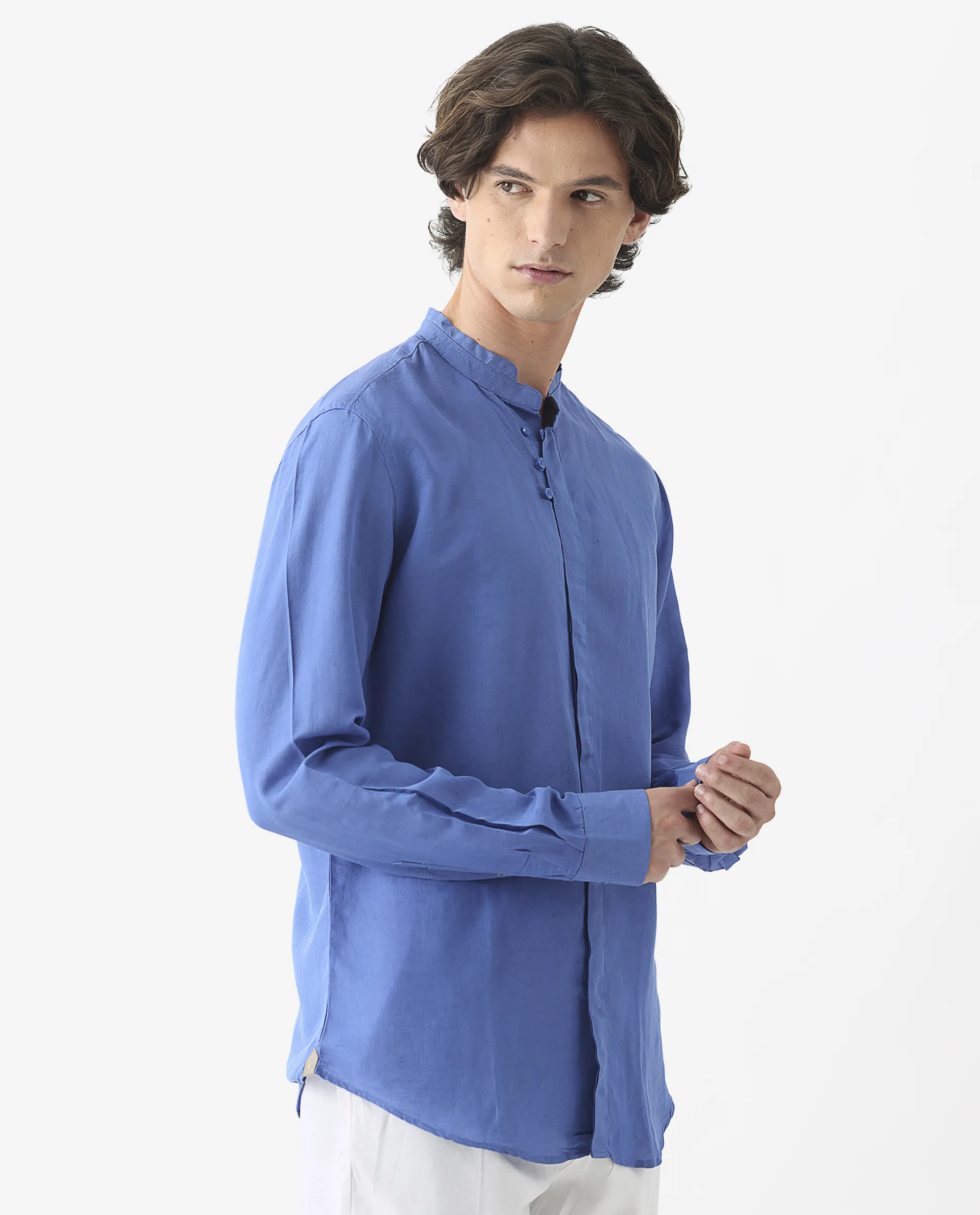 Rare Rabbit Men's Throne Blue 100% Linen Plain Regular Fit Full Sleeve Spread Collar Shirt - Image 5