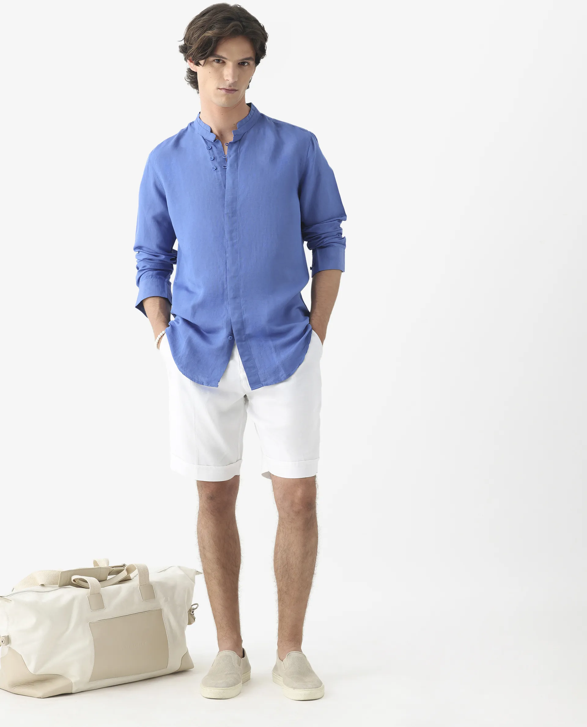 Rare Rabbit Men's Throne Blue 100% Linen Plain Regular Fit Full Sleeve Spread Collar Shirt - Image 6