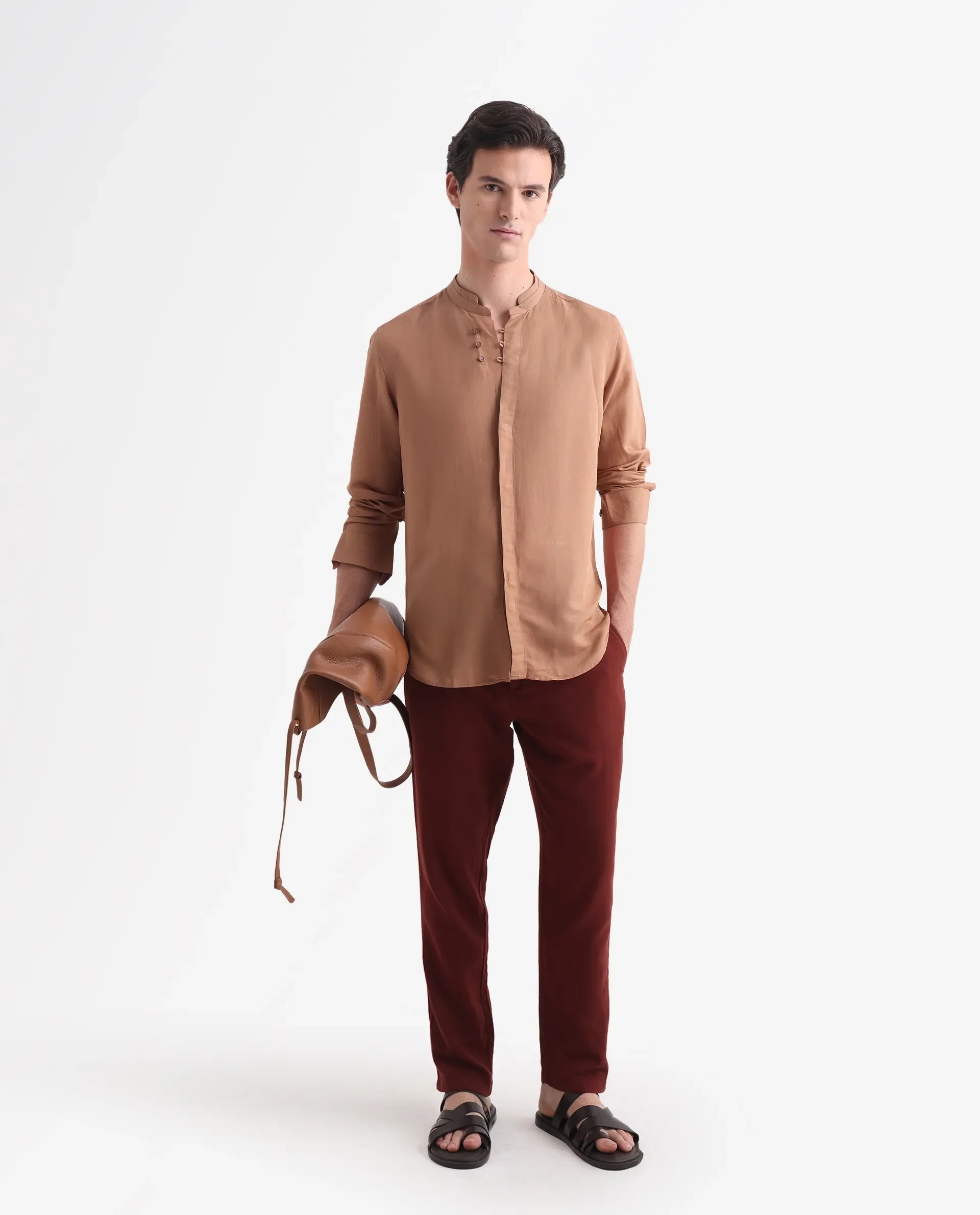 Rare Rabbit Men's Throne Dark Orange Linen Plain Regular Fit Full Sleeve Collared Shirt - Image 2