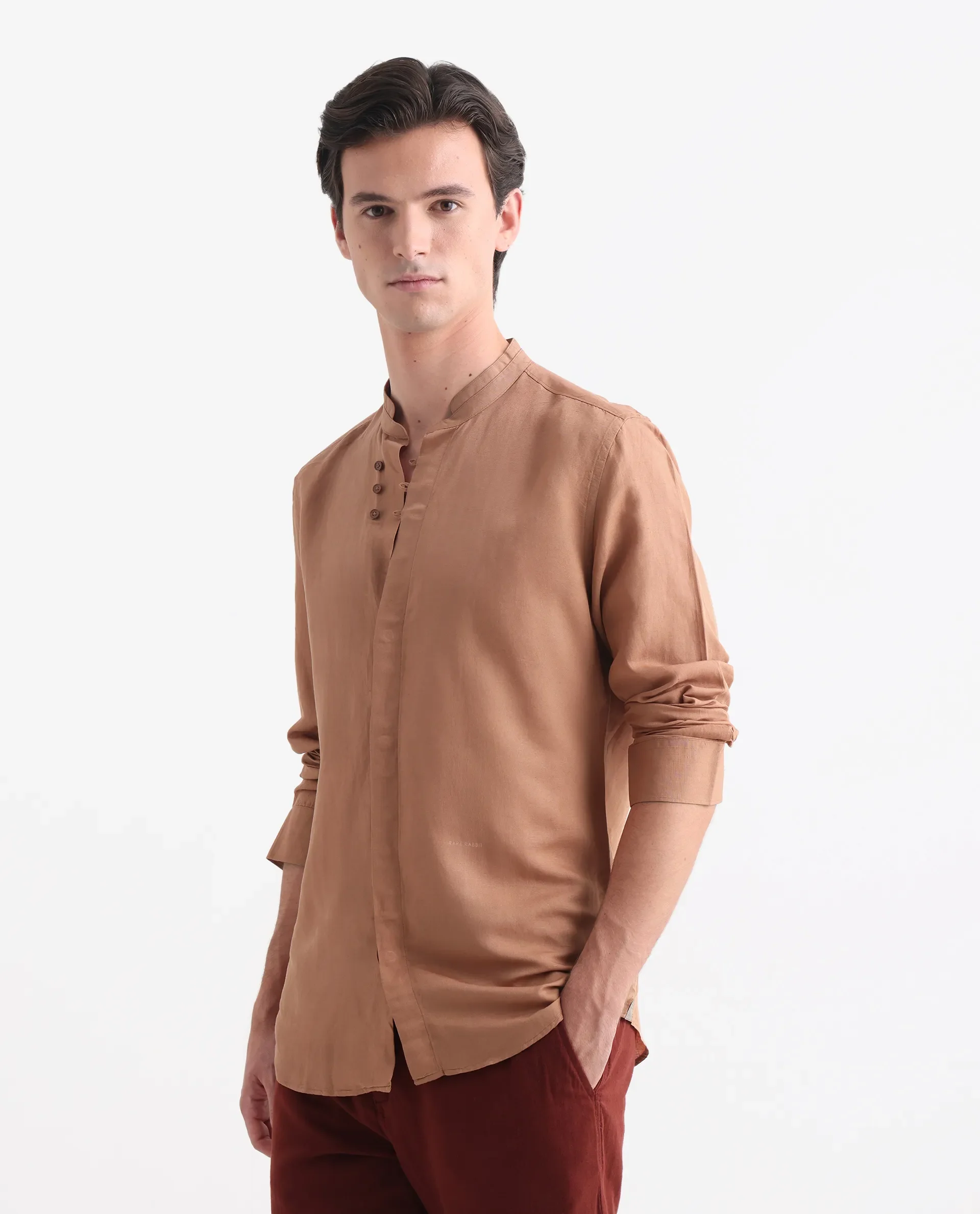Rare Rabbit Men's Throne Dark Orange Linen Plain Regular Fit Full Sleeve Collared Shirt - Image 3