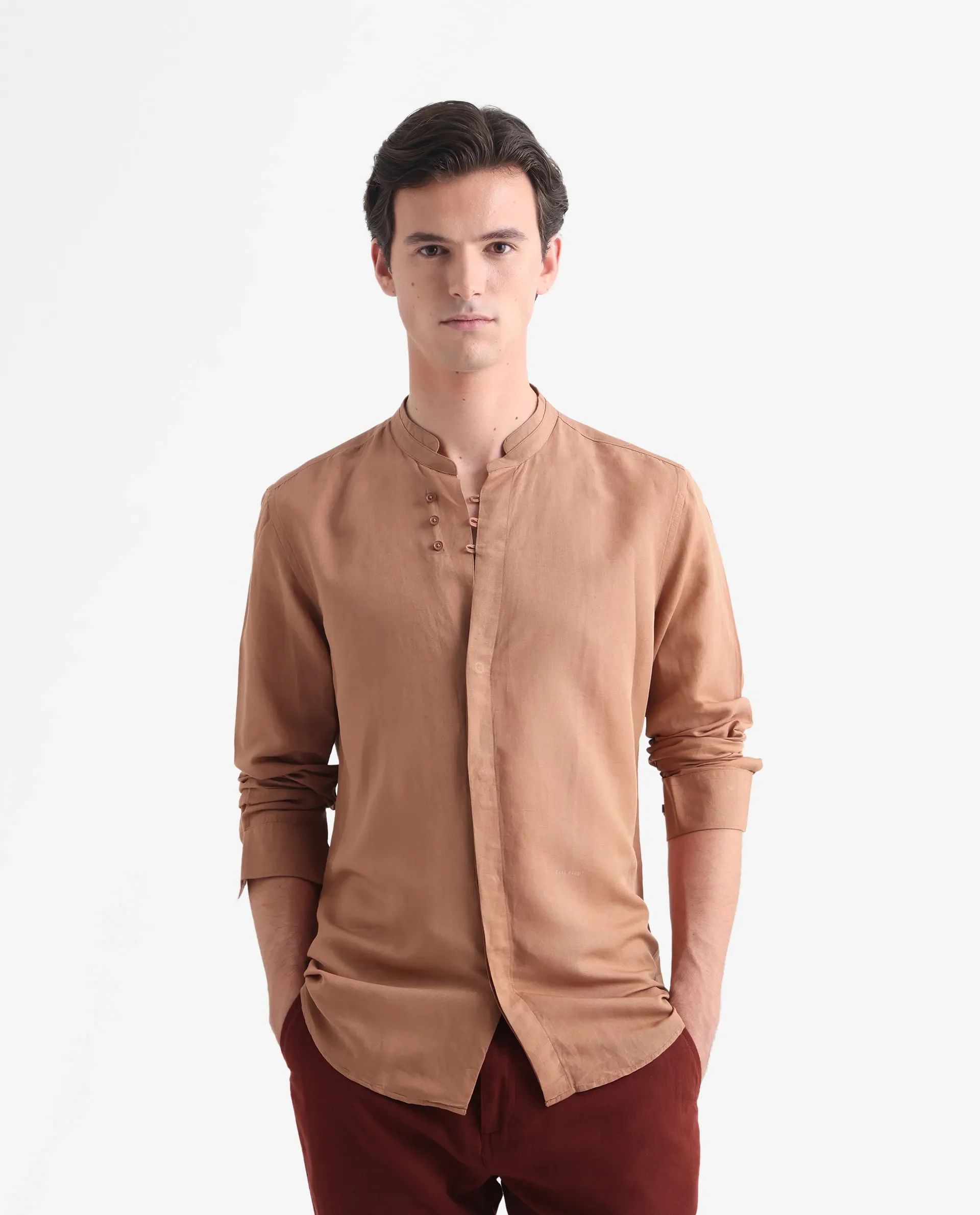 Rare Rabbit Men's Throne Dark Orange Linen Plain Regular Fit Full Sleeve Collared Shirt - Image 4