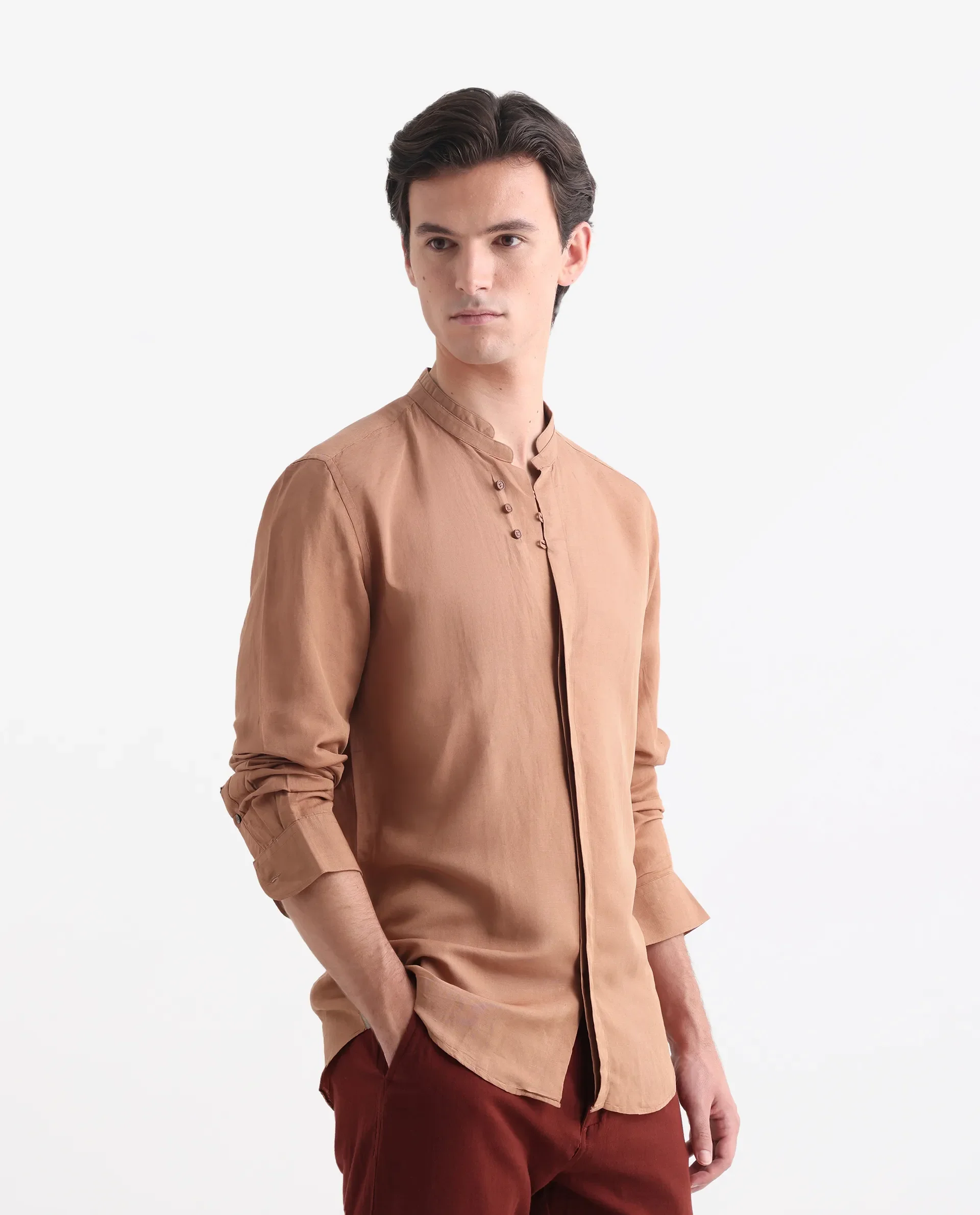 Rare Rabbit Men's Throne Dark Orange Linen Plain Regular Fit Full Sleeve Collared Shirt - Image 6