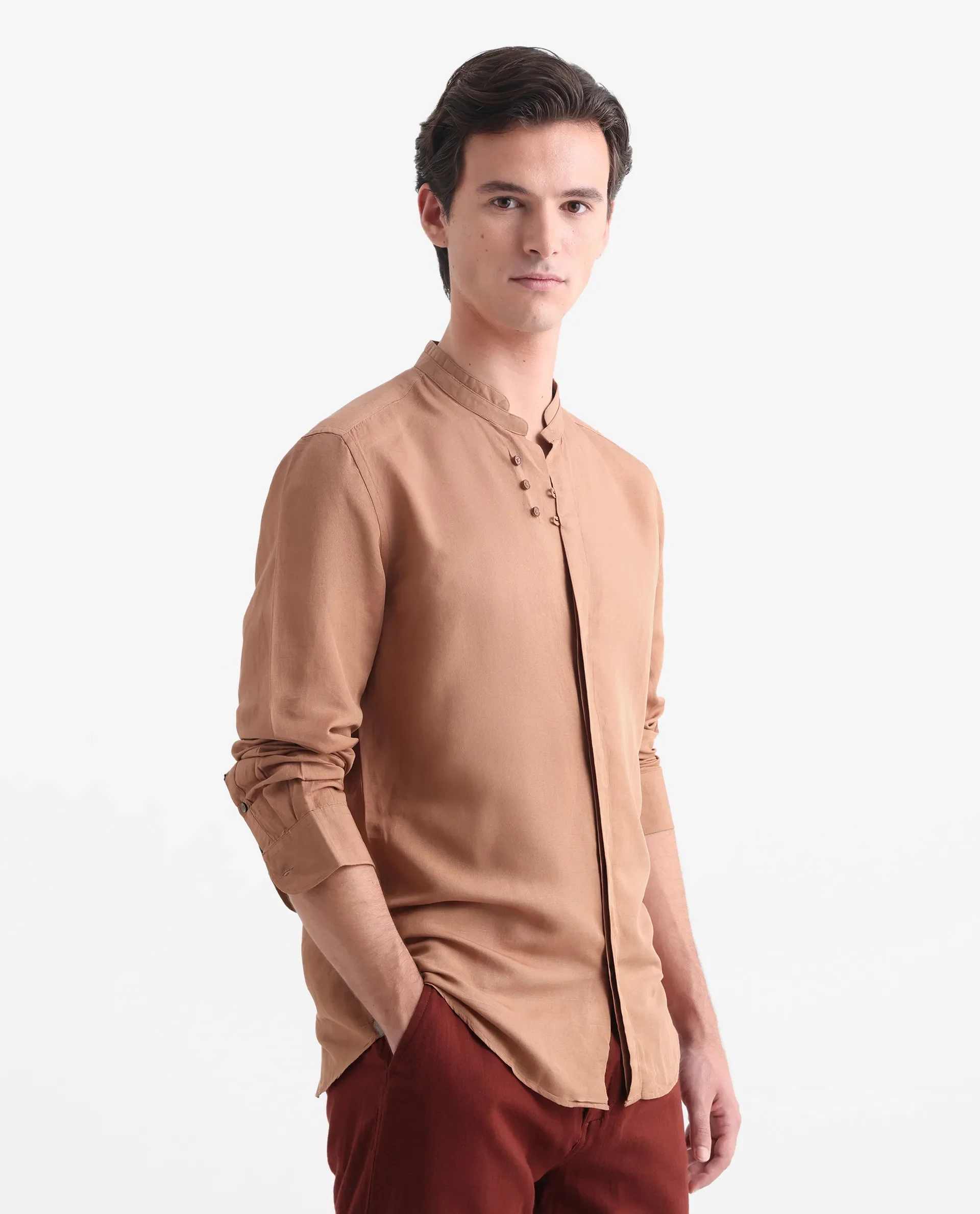Rare Rabbit Men's Throne Dark Orange Linen Plain Regular Fit Full Sleeve Collared Shirt - Image 7
