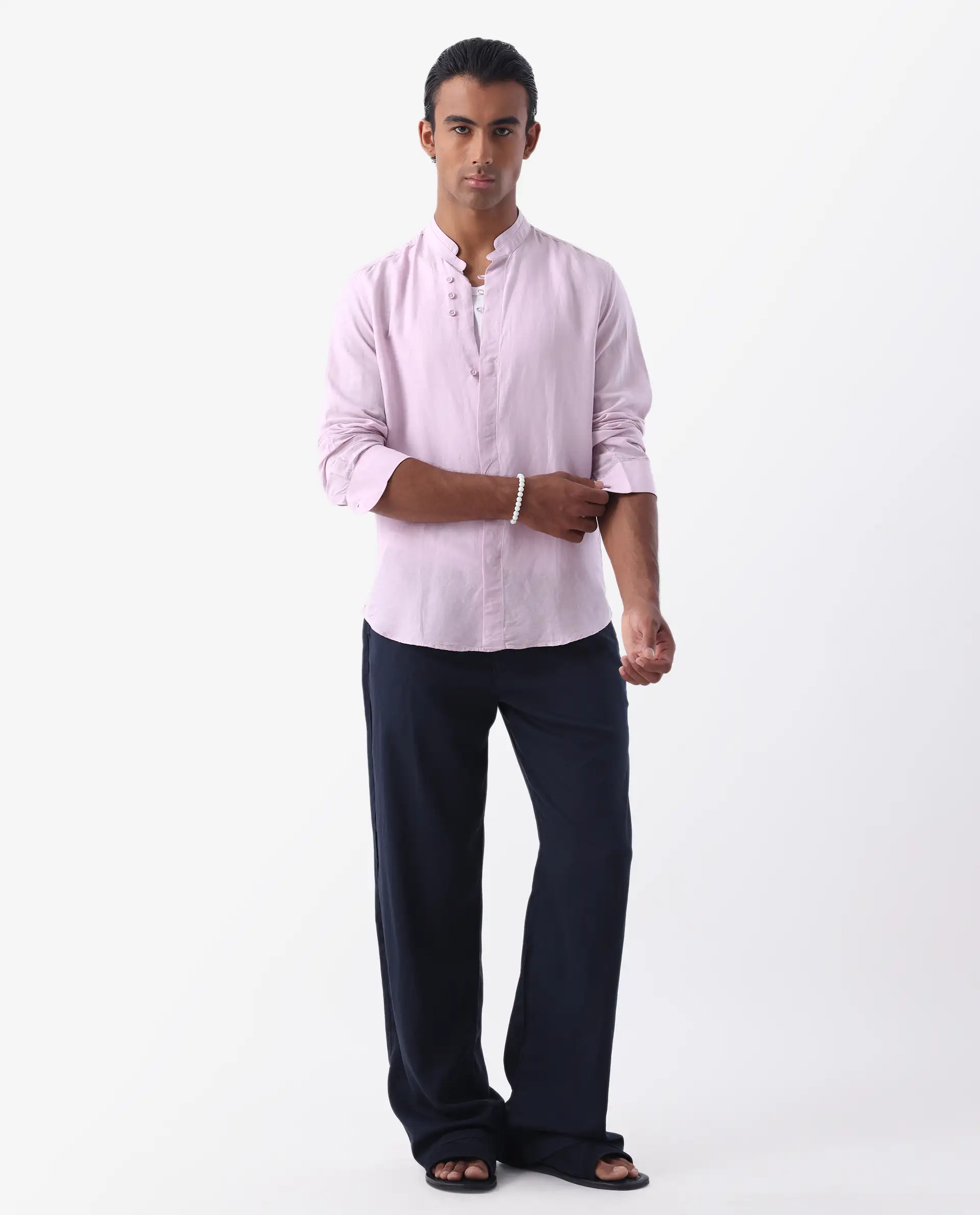 Rare Rabbit Men's Throne Pastel Pink 100% Linen Plain Regular Fit Full Sleeve Mandarin Collar Shirt - Image 2