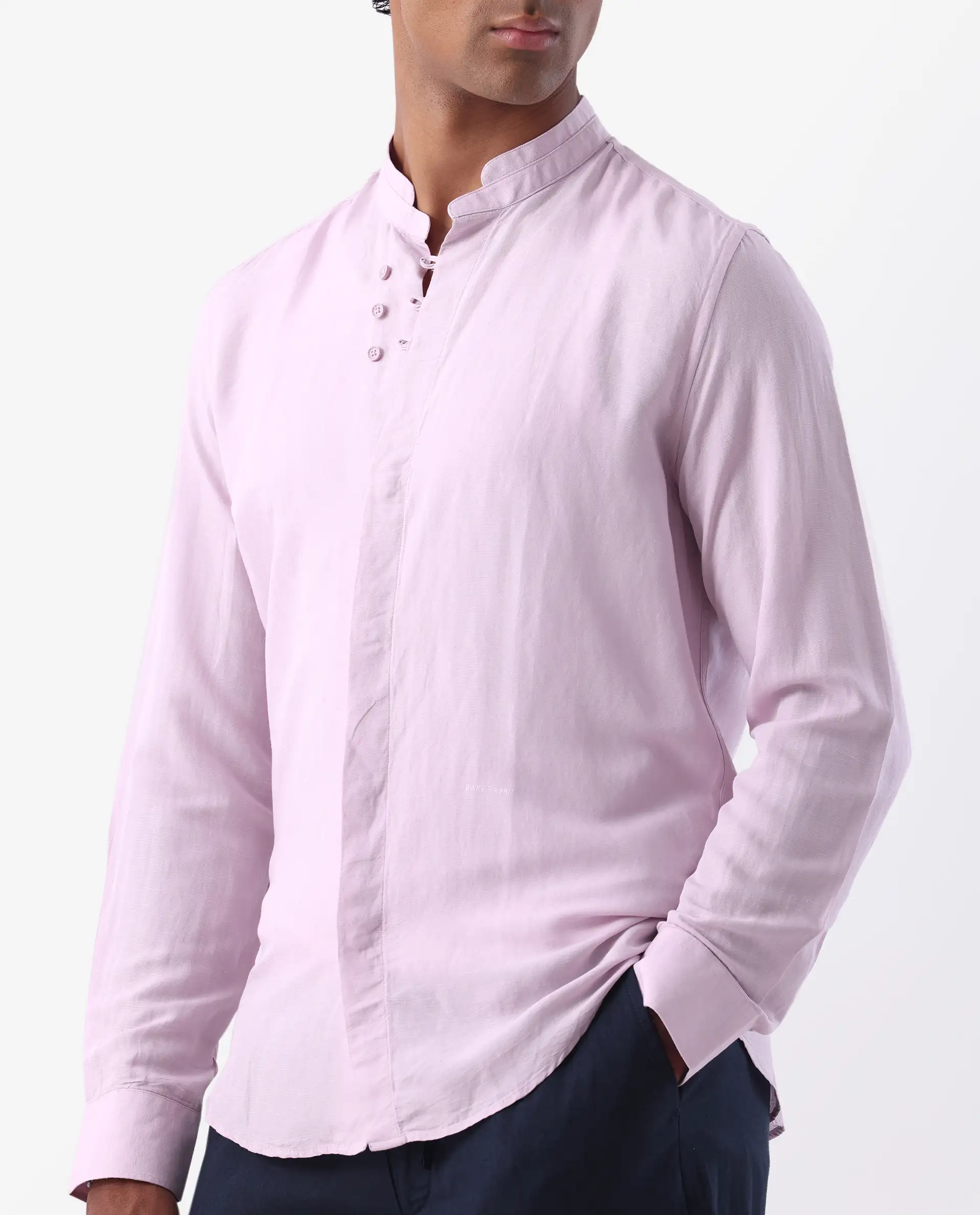 Rare Rabbit Men's Throne Pastel Pink 100% Linen Plain Regular Fit Full Sleeve Mandarin Collar Shirt - Image 3